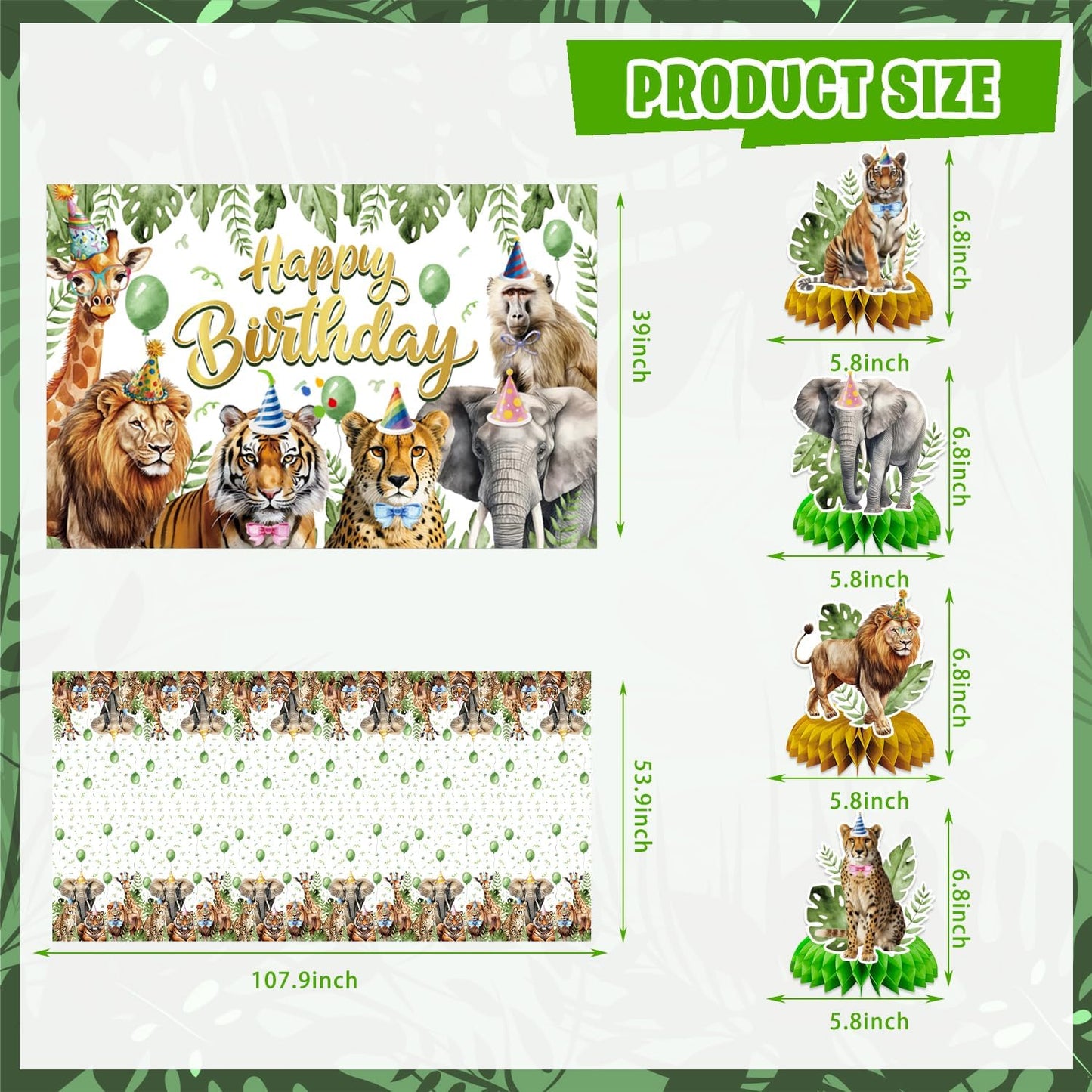 Safari Birthday Party Decorations, Jungle Wild Animals Birthday Party Supplies Decor with Backdrop, Banner, Balloons, Cake Toppers, Tablecloth, Centerpieces, Hanging Swirls