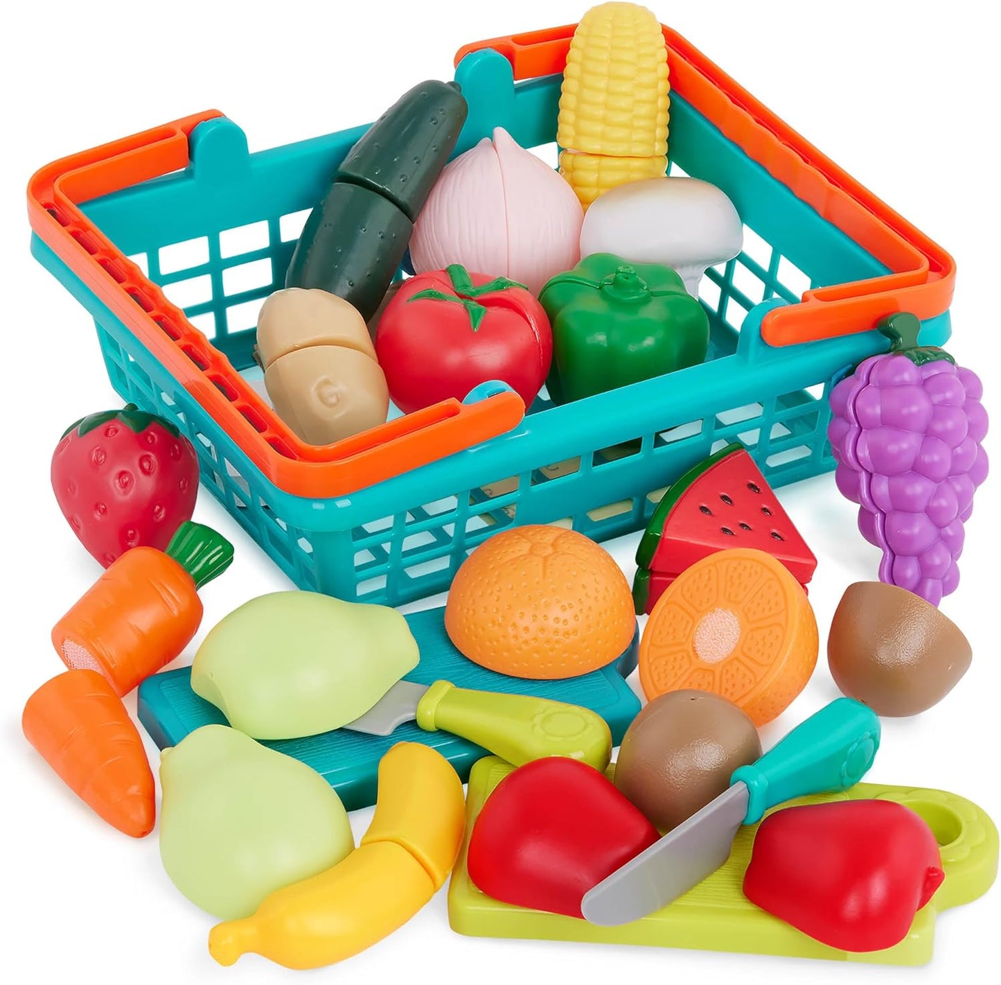 Battat – Play Food for Toddlers with Farmers Market Basket and Chopping Board, Toy Food for Kids Kitchen and Pretend Play for 3+ Years (37 Pieces)