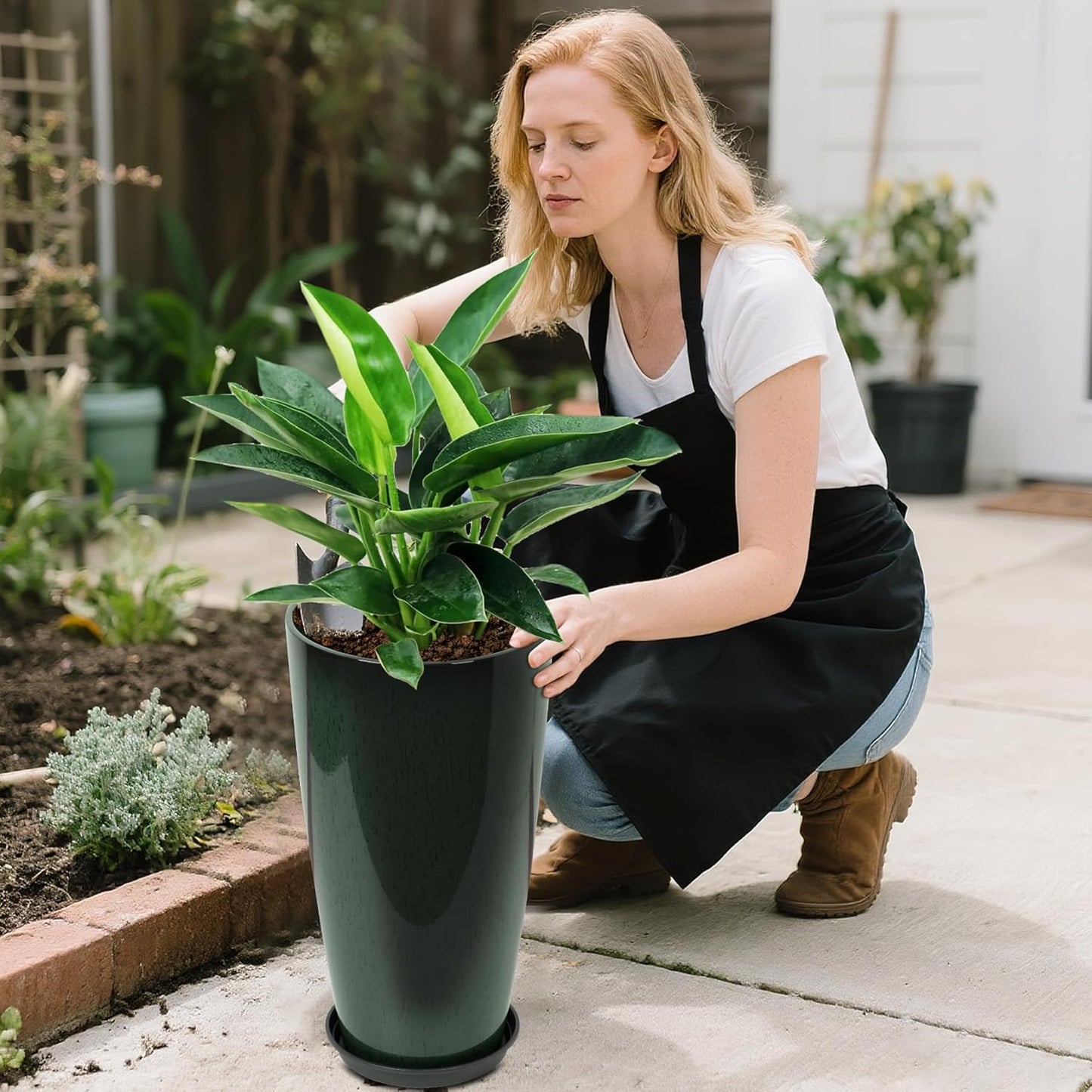 24/21/12 Inch Large Plastic Planter, Lightweight Ceramic-Look Tall Planters with Drain Hole & Saucers, Tall Plastic Planters for Porch, Garden, Patio, Balcony(Dark Green)