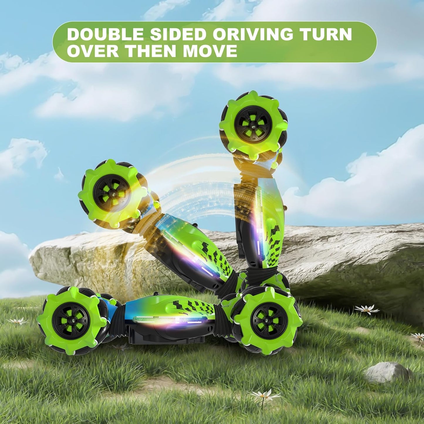 Gesture RC Car Green, 1:24 4WD Transform Off-Road Stunt Car with Gesture & Remote Control, 360° Flips Drift Vehicle with LED Lights Music, All Terrain Toy Cars Gifts for Boys Girls Age 6-12