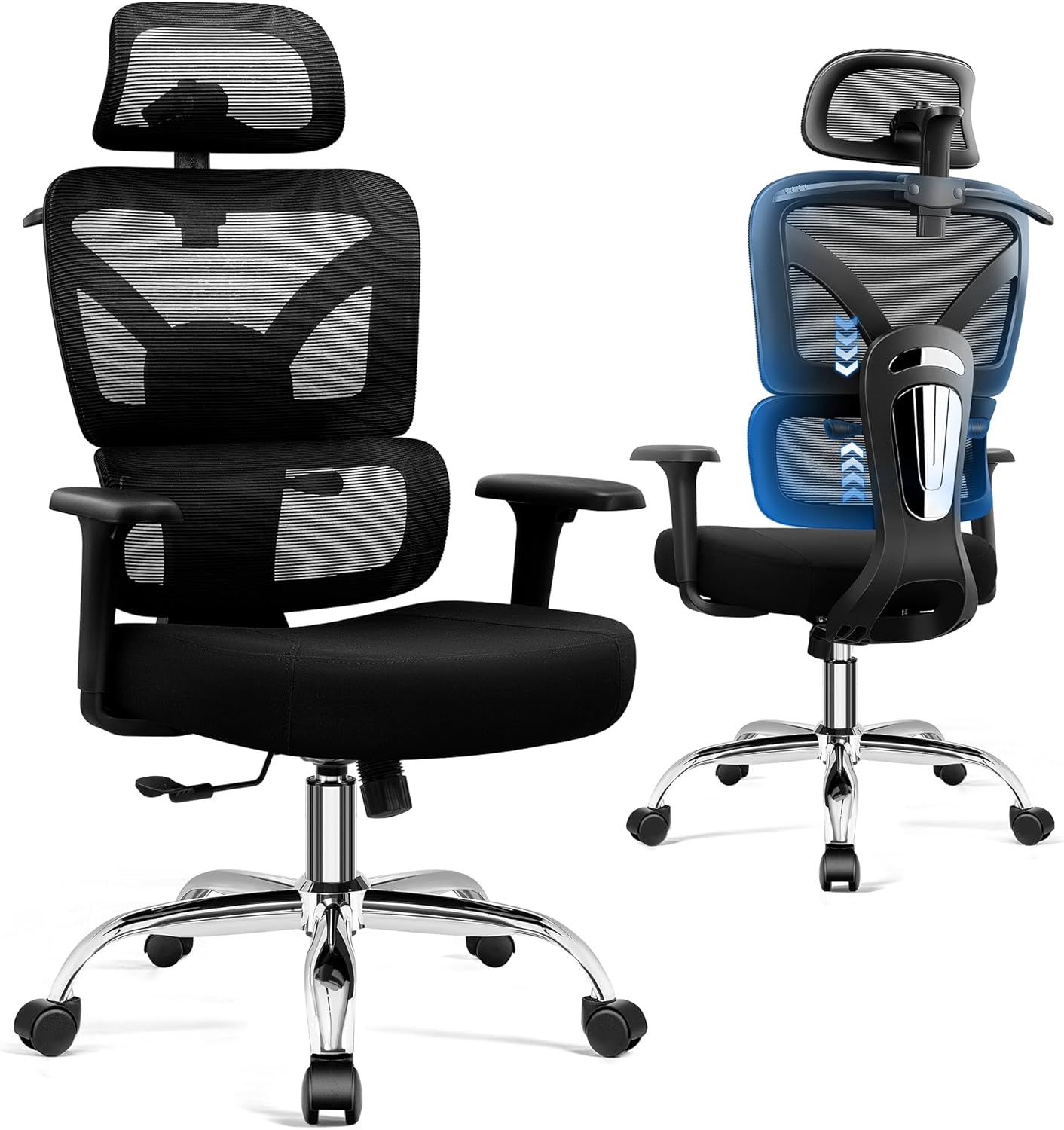 Ergonomic Office Desk Chair, High Back Mesh Office Chair with Adjustable Lumbar Support, 3D Headrest, Big and Tall Home Computer Desk Chairs Comfy for Work, Gaming, 300lbs, Black