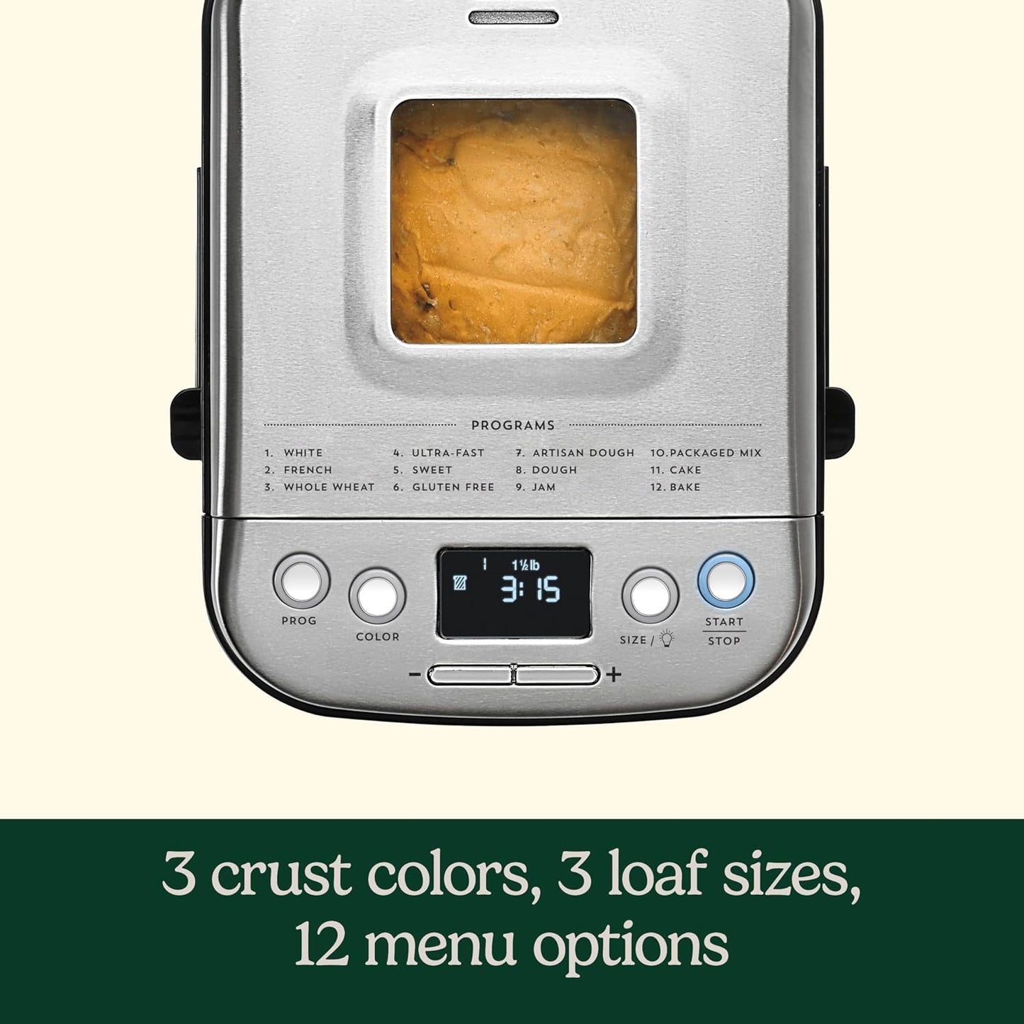 Cuisinart Bread Maker Machine, Stainless Steel Automatic Bread Machine with 12 Menu Options, 3 Loaf Sizes up to 2 Lb., 3 Crust Colors, Removable Nonstick Baking Pan & Kneading Paddle, CBK-110NAS