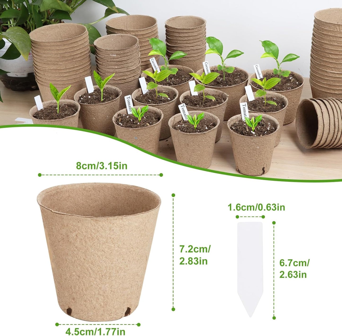 65 Pcs Organic Peat Pots, 3.15 Inch Nursery Pot, Round Plant Seedling Pots with Drainage Holes, Small Seed Starting Starter Tray Bulk, Garden Germination Container with 65 Planting Labels