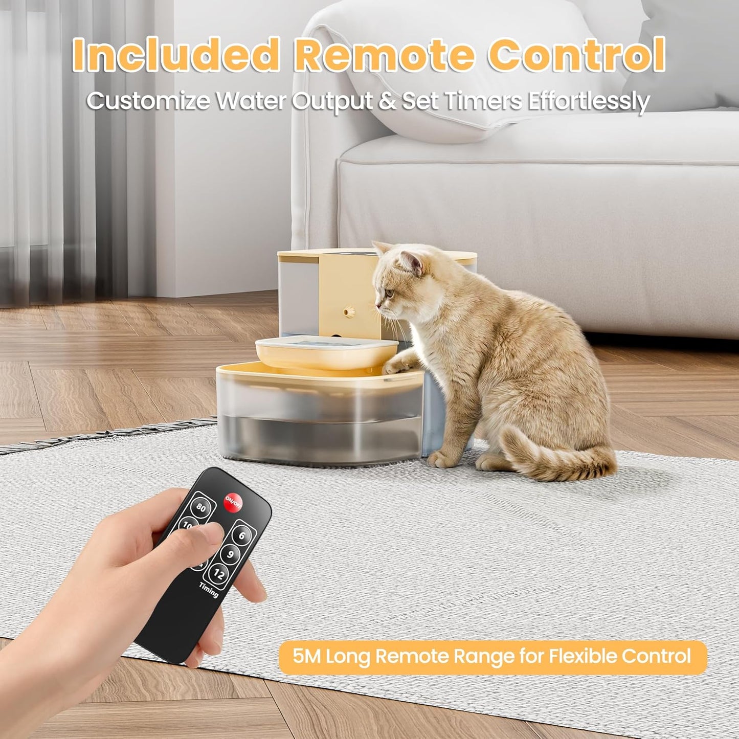 Cat Water Fountain, Filterless Automatic Cat Water Dispenser with Optional Heating, 4.5L Large Capacity, Remote Control, Timed Water Change, Quiet Pet Water Fountain with Visible Water Level for Cats