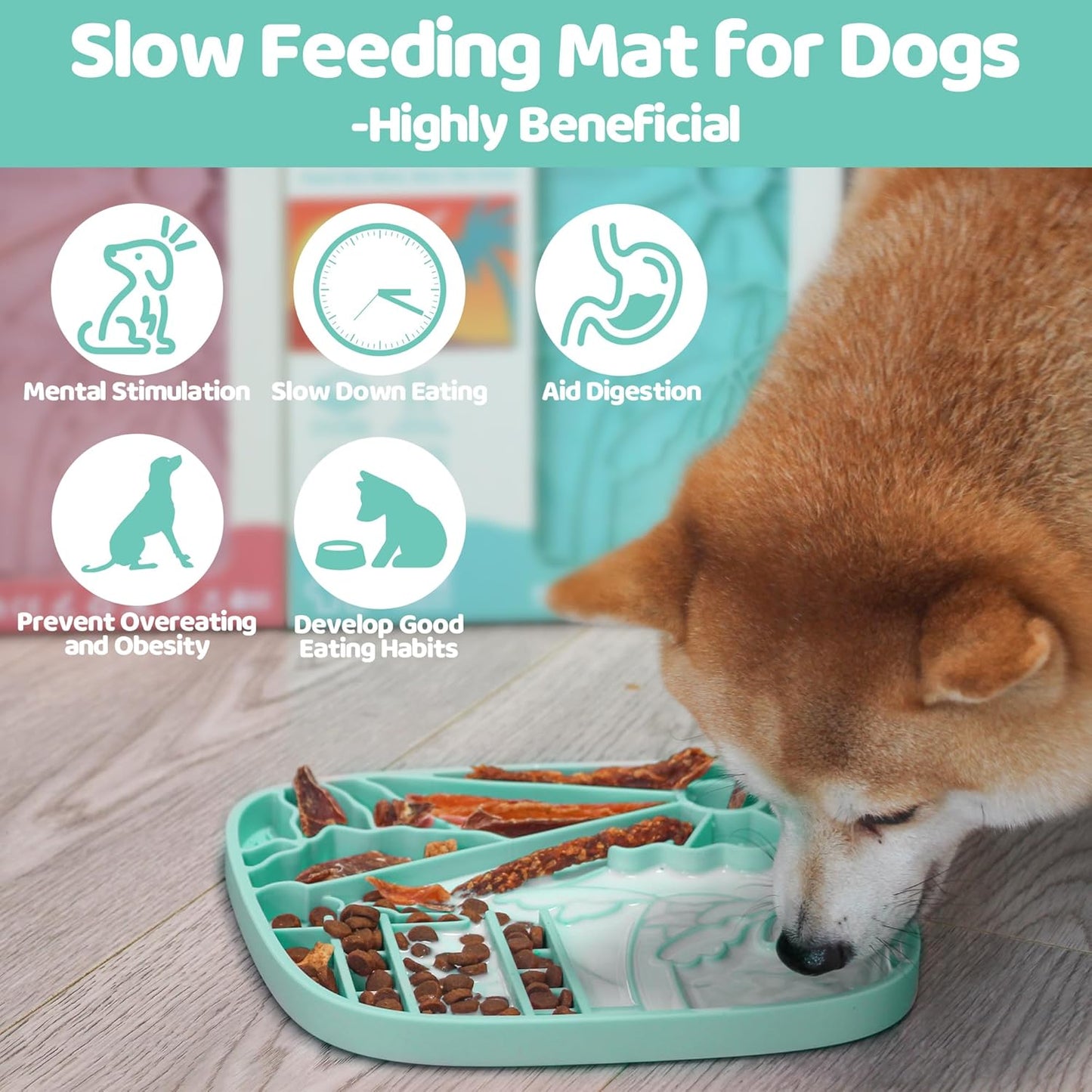 Puzzle Feeder Snuffle Mat and Lick Mat for Dogs, California Textured Slow Feeder, 0.75 Inch Thin Silicone Mat Holds 3 Cups, Dishwasher and Microwave Safe, Green