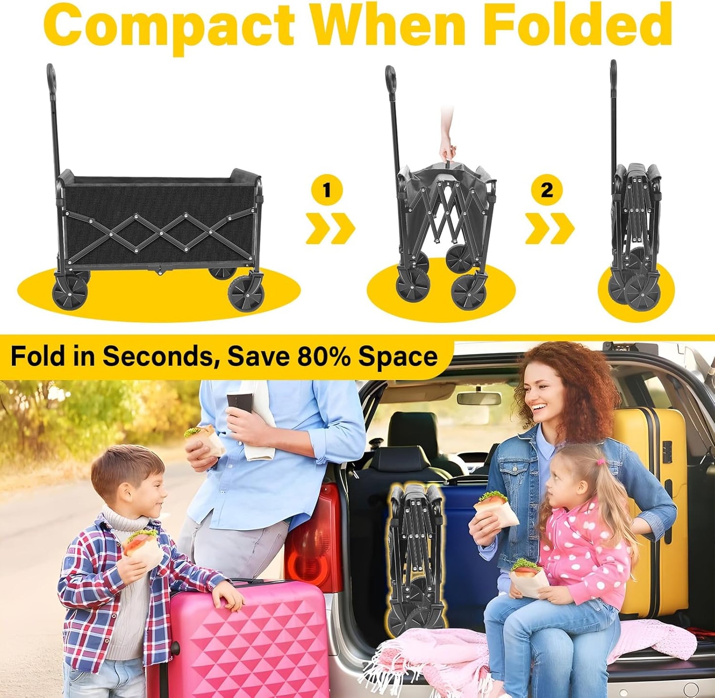 Wagons Carts Foldable, Collapsible Wagon with Wheels — Foldable Wagon for Groceries,Picnic,Beach,Camping, Small Hauls, Apartment Moving Storage, Portable Utility Folding Wagon Cart, 360lbs, Black