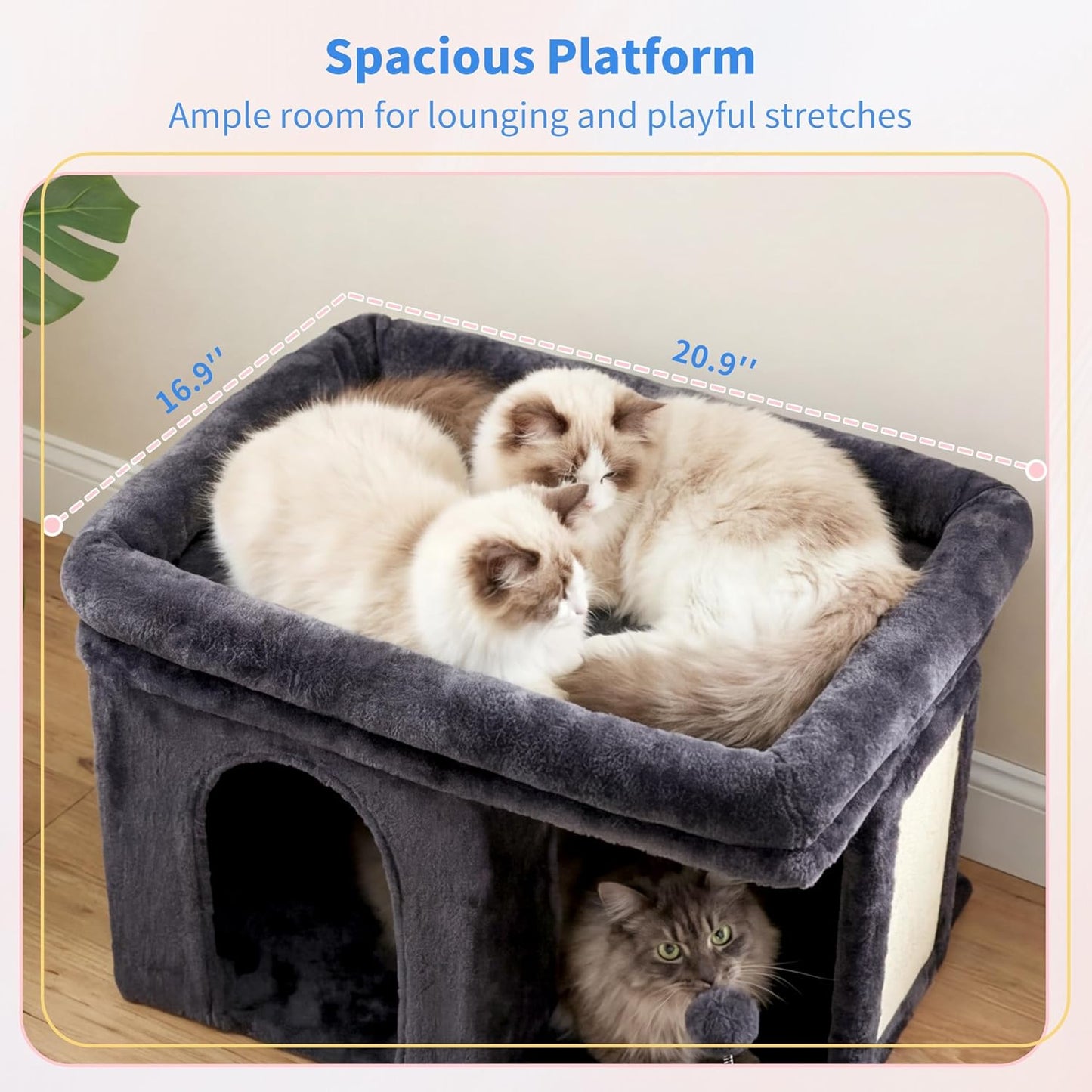Heybly Cat Tree, 14 inch Cat Tower with Large Perch Bed and Cat Condo for Indoor Cats Large Adult, Cat House with Scratching Posts and Interactive Spring Balls for Your Kittens, Smoky Gray HCT203SG
