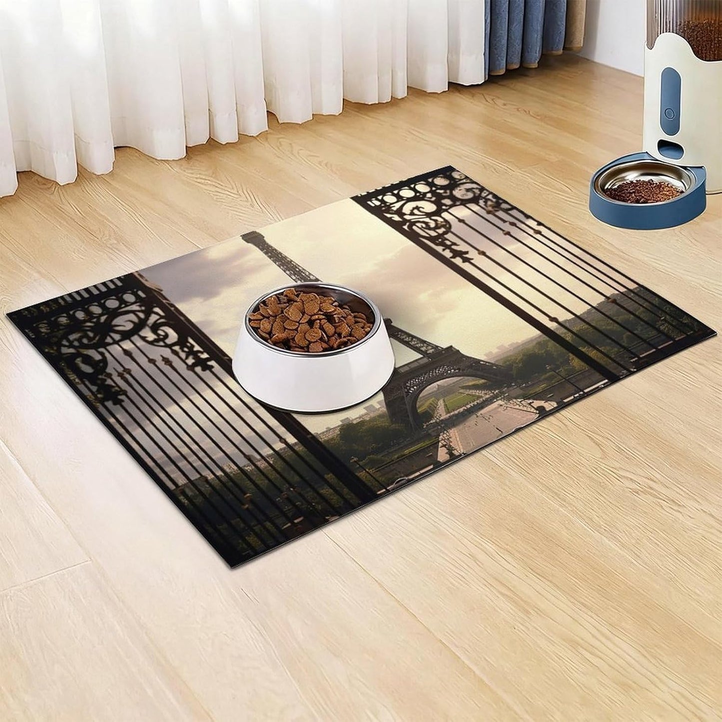 Dog Food Mat Pet Leather Tablecloth Paris Eiffel Tower Pet Feeding Mat Anti-Slip Dog Bowl Mats Absorbent Pet Placemats for Dogs Protect Floor Dogs Pad for Food and Water