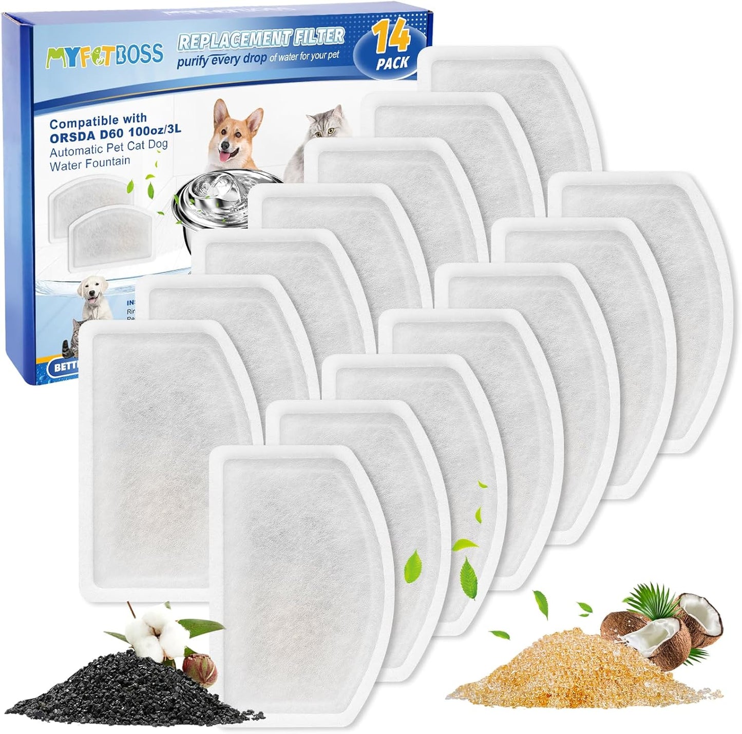 Cat Water Fountain Filter Replacement Compatible with ORSDA D60 100oz/3L, Pet Fountain Filter Replacement for Automatic Pet Dog Water Dispenser 14 Pack