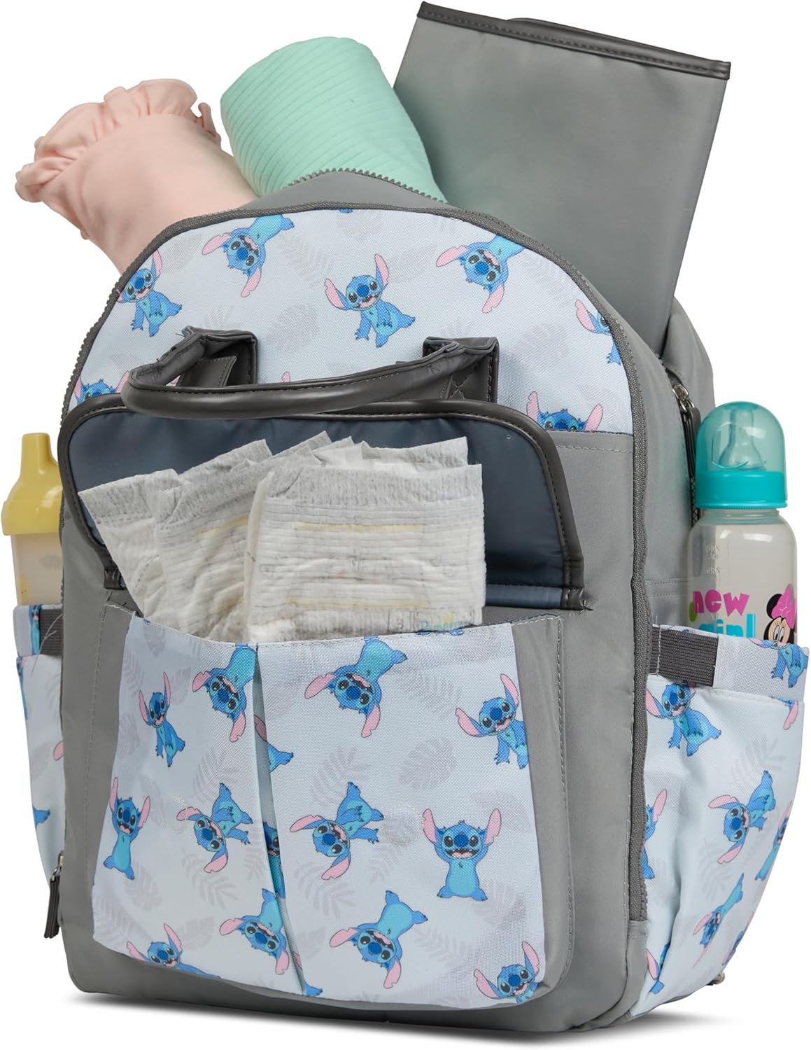 Disney Diaper Bag Backpack with Changing Pad Stich – 16” Nylon Baby Bag for Parents, Insulated Bottle Holders, Multiple Storage Pockets