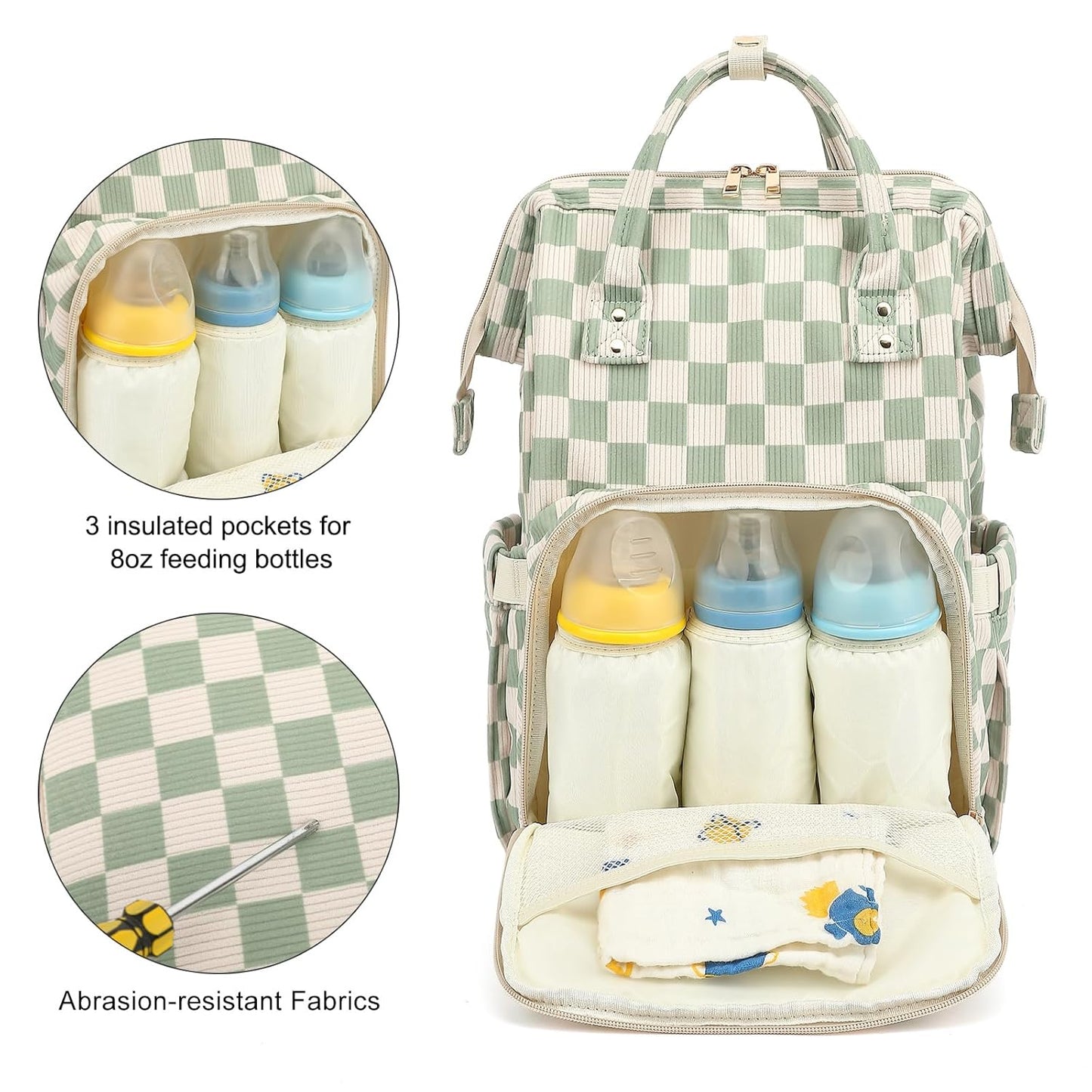 Baby Diaper Bag Backpack for Mom, Large Capacity Travel Nappy Bag for Boys & Girls with Stroller Straps (Corduroy Checkered Green)