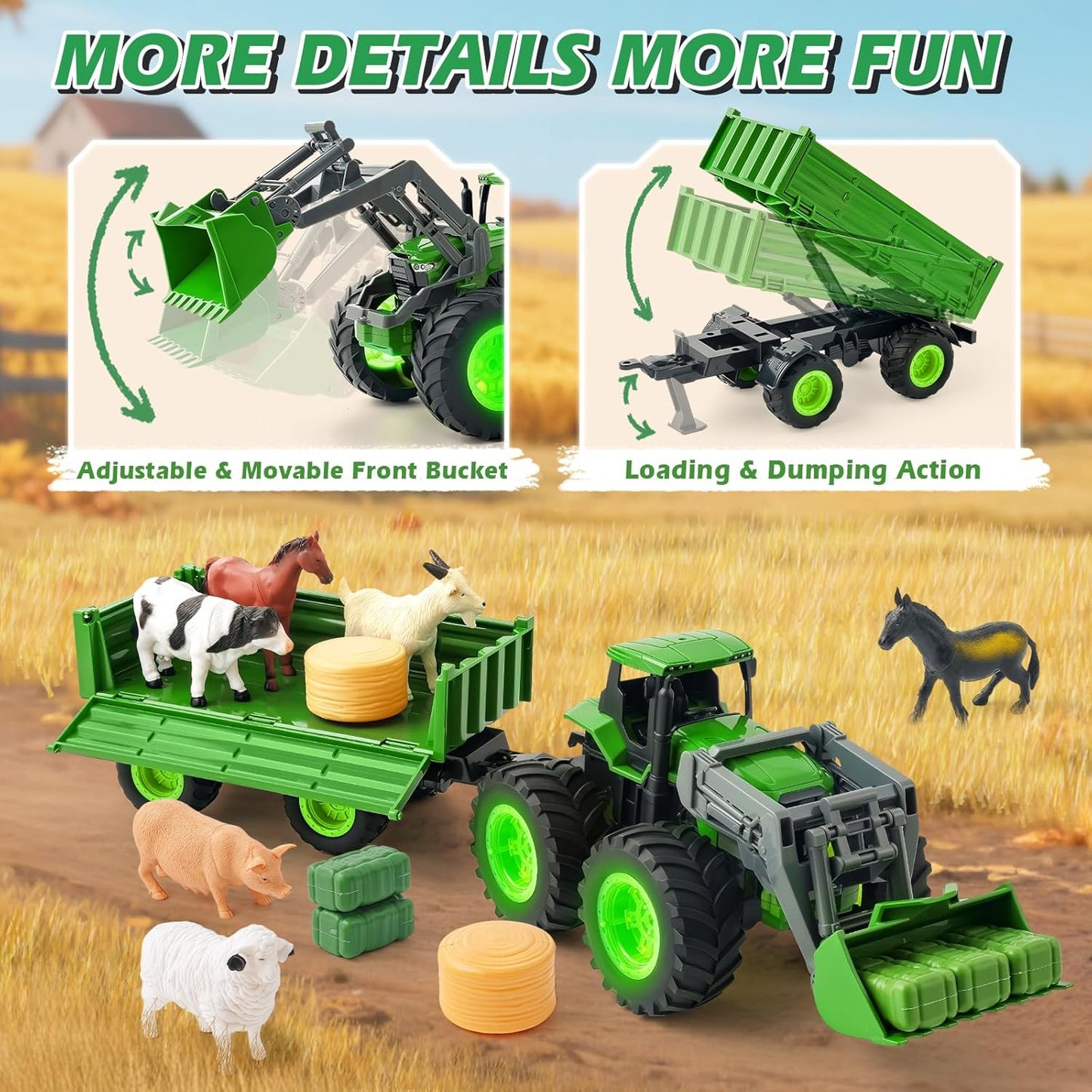 Remote Control Tractor Toy Set with Trailer & Farm Accessories, Light Up Farm Truck Toys for Boys & Girls 3, 4, 5, 6, 7 Year Old, 2.4 Ghz RC Tractor Toys, Ideal Christmas, Birthday Gifts for Kids