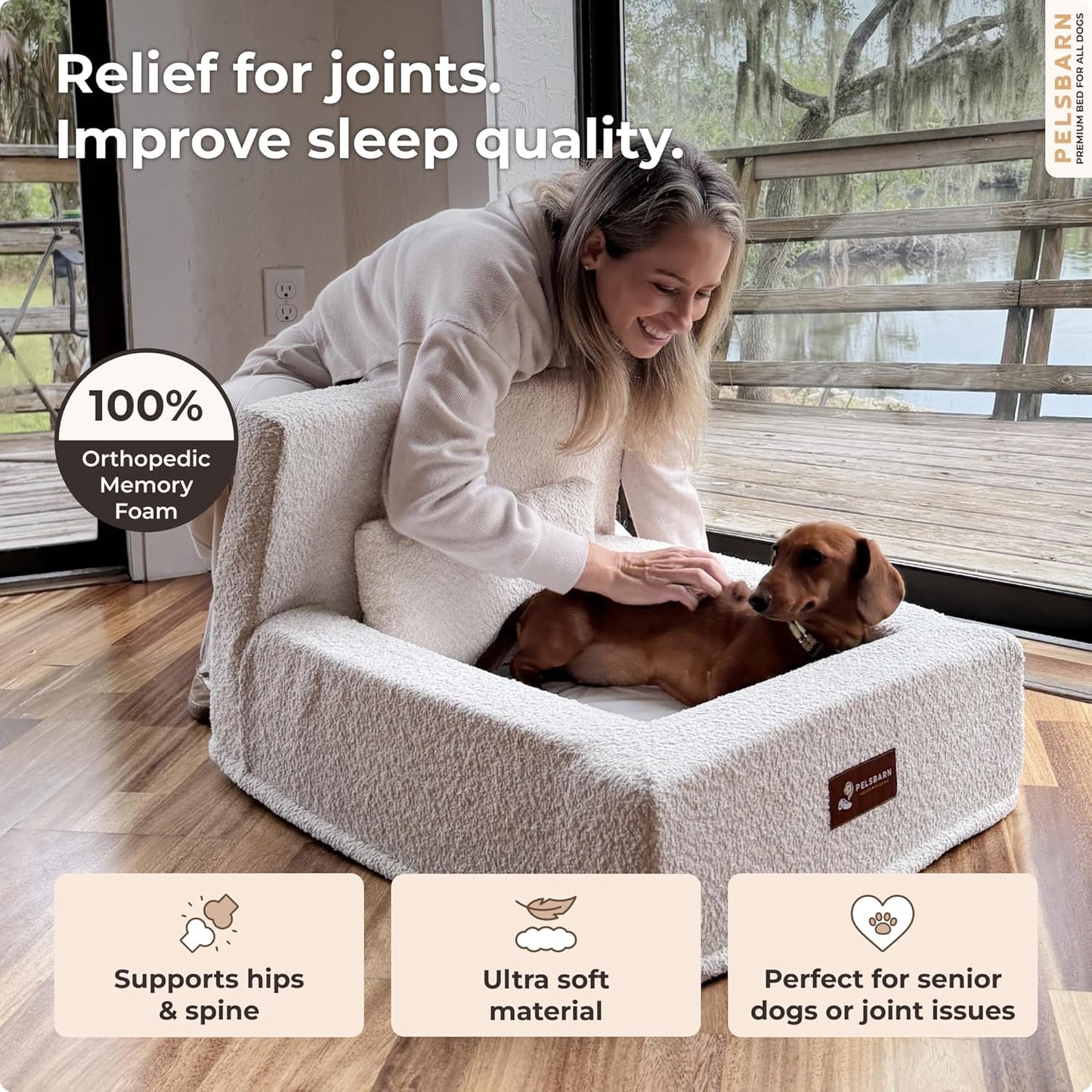 Pelsbarn Real Orthopedic Dog Bed, High-Density Memory Foam with Waterproof Fitted Sheets - Machine Washable, Small, Beige