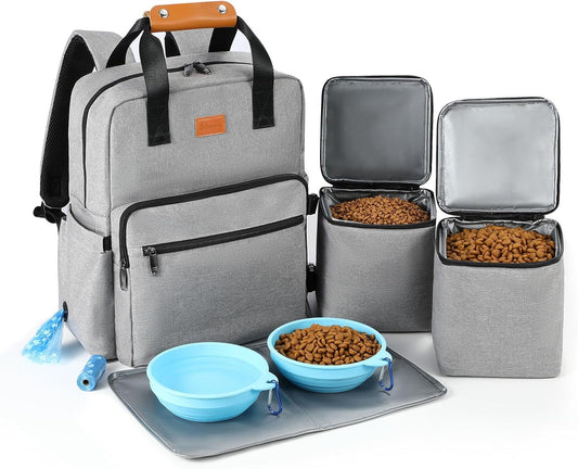 Dog Travel Bag All-in-One Set: DELOMO 25L Airline Approved Dog Travel Backpack with 2 Food Containers + 2 Collapsible Bowls + 1 Waterproof Mat for Weekend to Week-Long Pet Travel, Camping, Road Trips