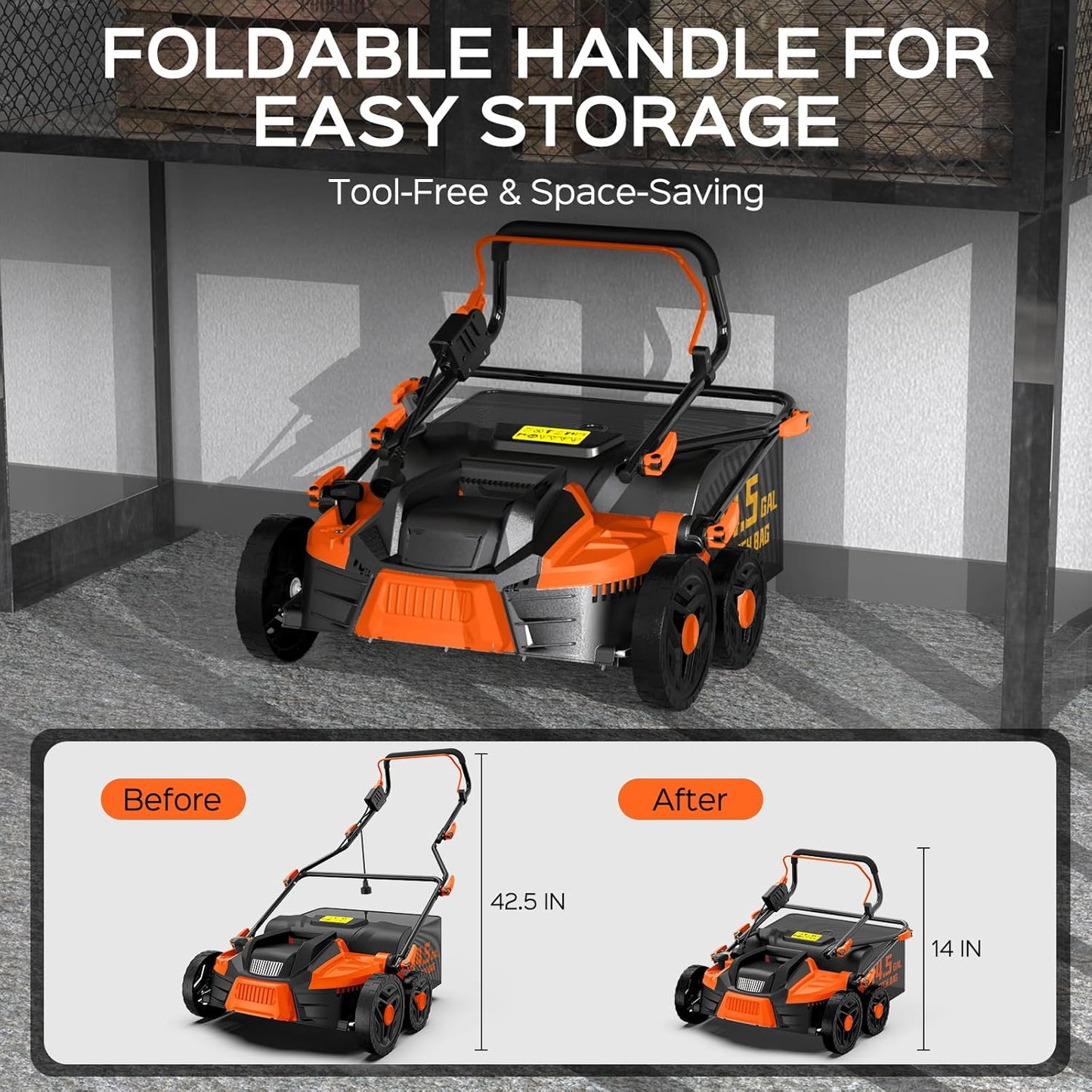 16-Inch 15.5 Amp 2-in-1 Electric Dethatcher and Scarifier with 14.5-Gallon Collection Bag, Lawn Dethatcher with 5-Position Depth Adjustment, Quick-Fold, Keeps Lawn Healthy - Blaze Orange