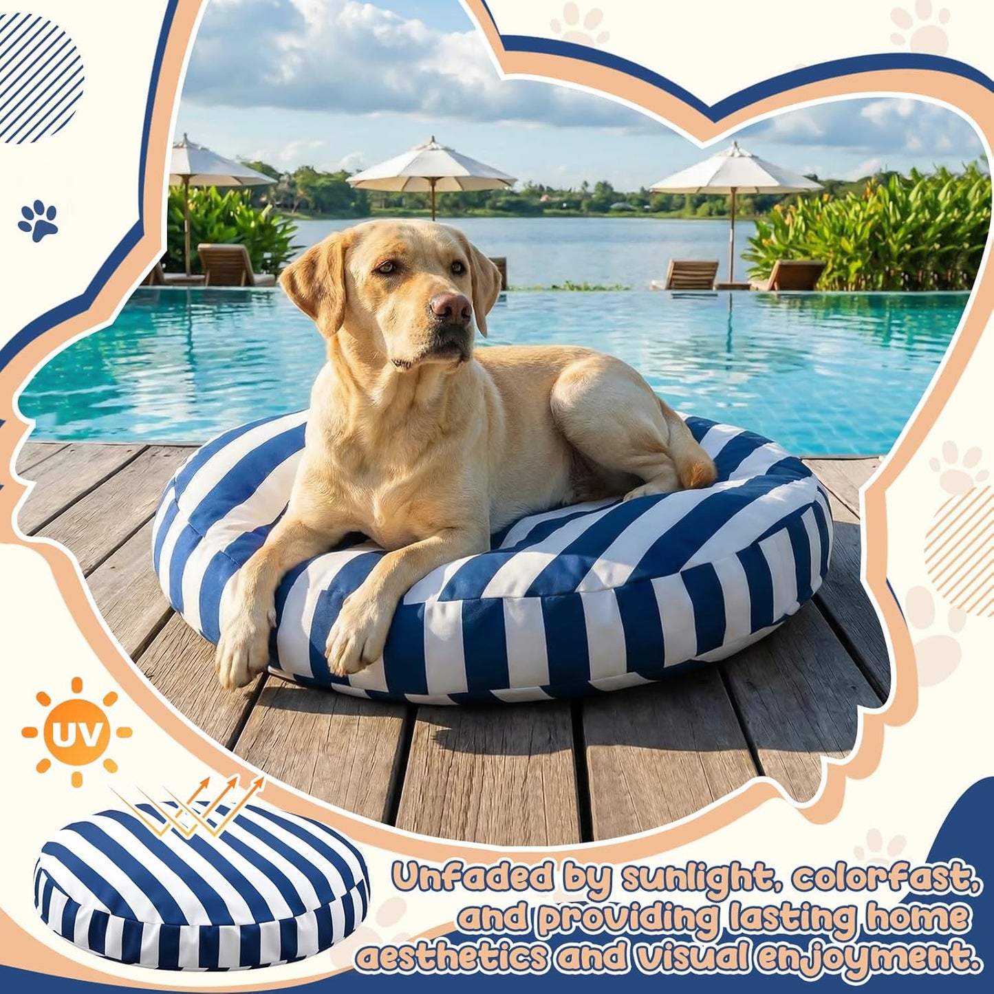 42 Inch Large Waterproof Outdoor Dog Bed, Washable Round Pet Bed for Medium Large Dogs, Blue and White Vertical Striped, UV Resistant Durable Pet Cushion for Indoor Outdoor Travel Use