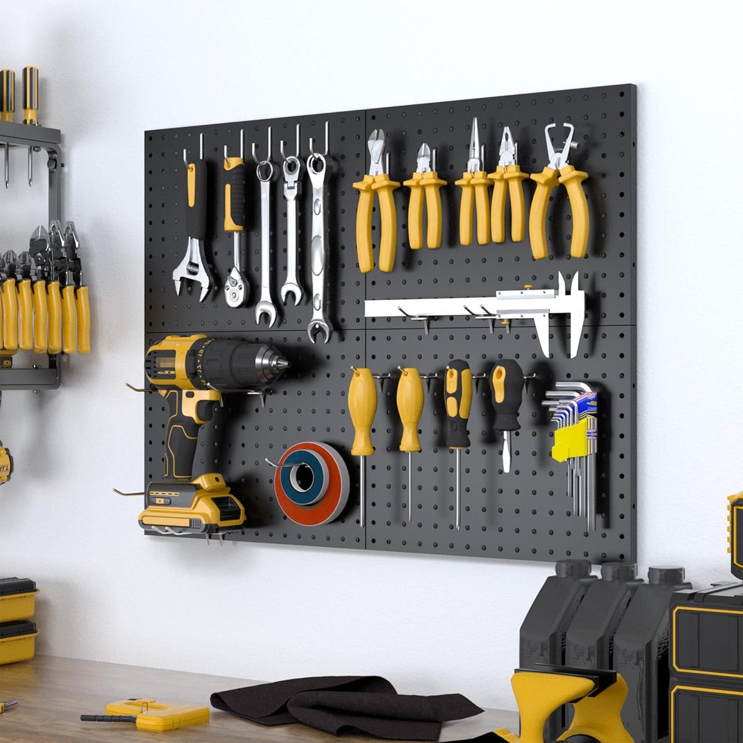 Peg Board, 4 Pack Metal Pegboard Panels with 50 Hooks, Black Pegboards Wall Organizer, Heavy Duty Peg Board for Walls Home, Garage Tool Storage, Office Organization, Craft Room, Kitchen