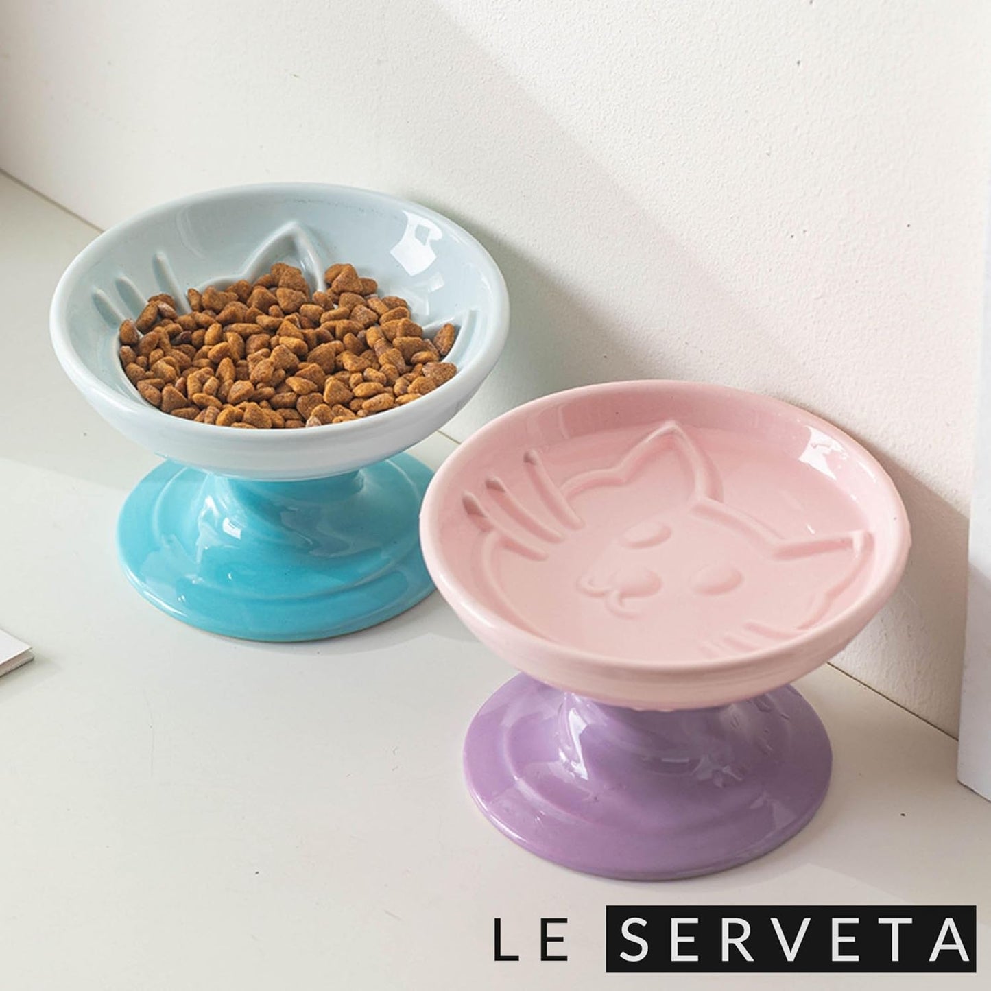 Elevated Twisting Design Cat Food Slow Feeder, Ceramic Raised Cat Dishes with Decorative Twisting Design Stand, Macaron Colors, Slow Feed Design (Blue)