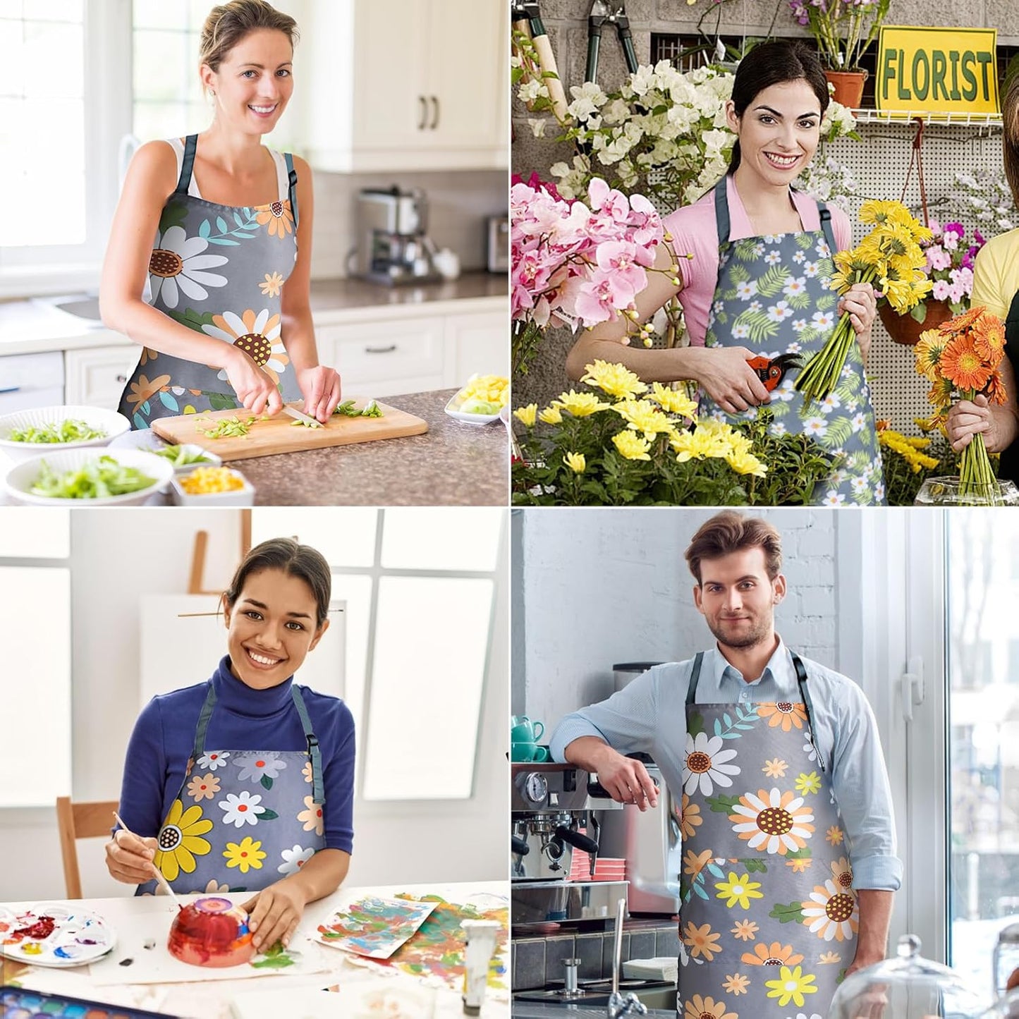 Apron for Women with Pockets, Adjustable Waterproof Floral Chef Aprons for Kitchen, Gardening, Cooking, BBQ or Baking