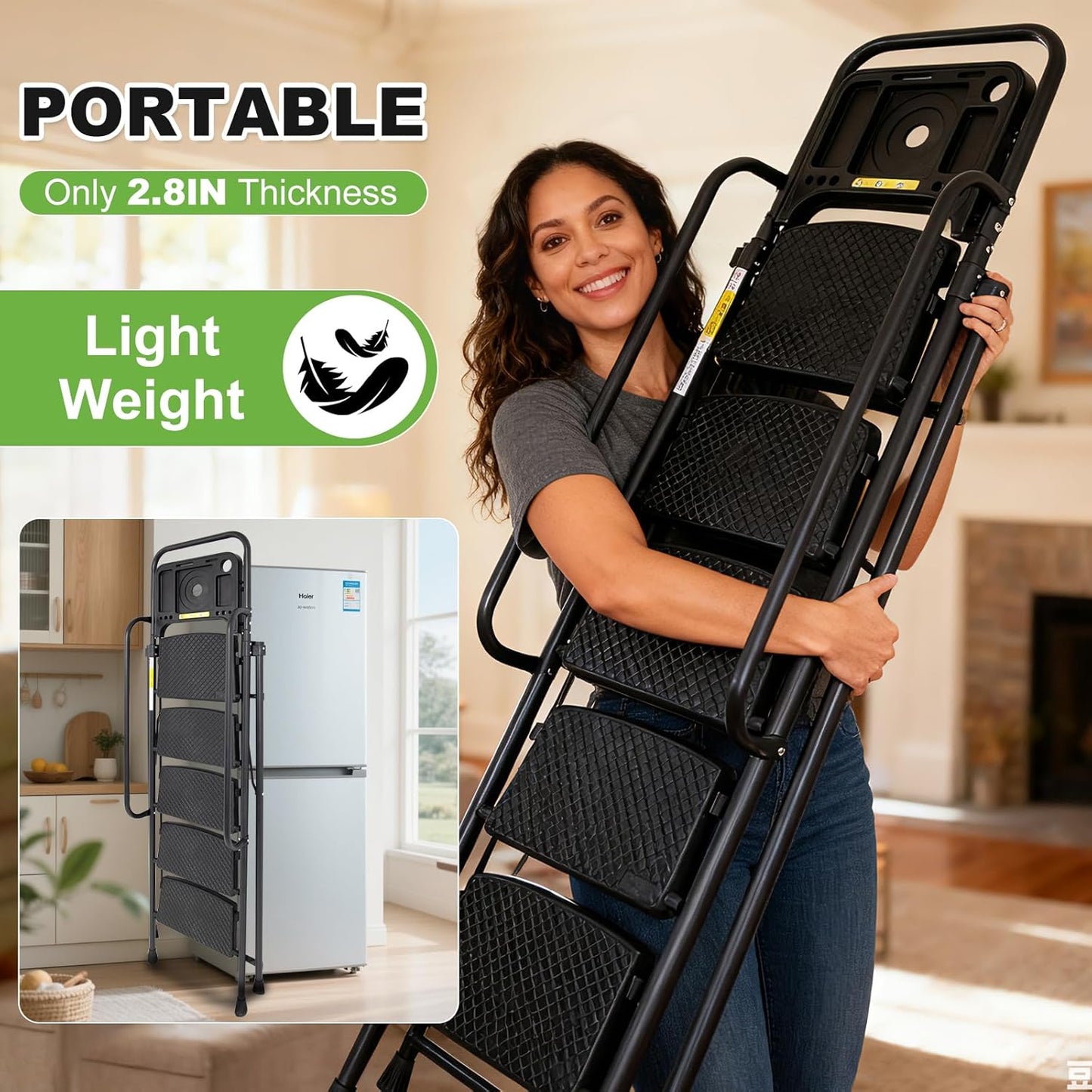 5 Step Ladder, Folding Step Stool with Handle,Tool Platform and Anti-Slip Pedal, Steel Ladder,Lightweight, Perfect for Home and Kitchen, Black
