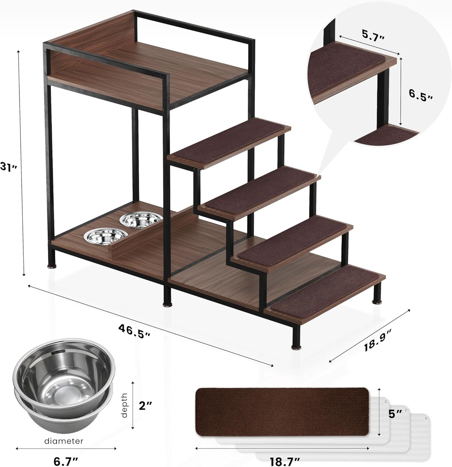 Dog Window Perch with Stairs - Multilevel Perch to Look Out Window with 130 lbs Load Capacity - Pet Bunk Bed with Feeding Station & Anti-Slip Carpet (Walnut Color)
