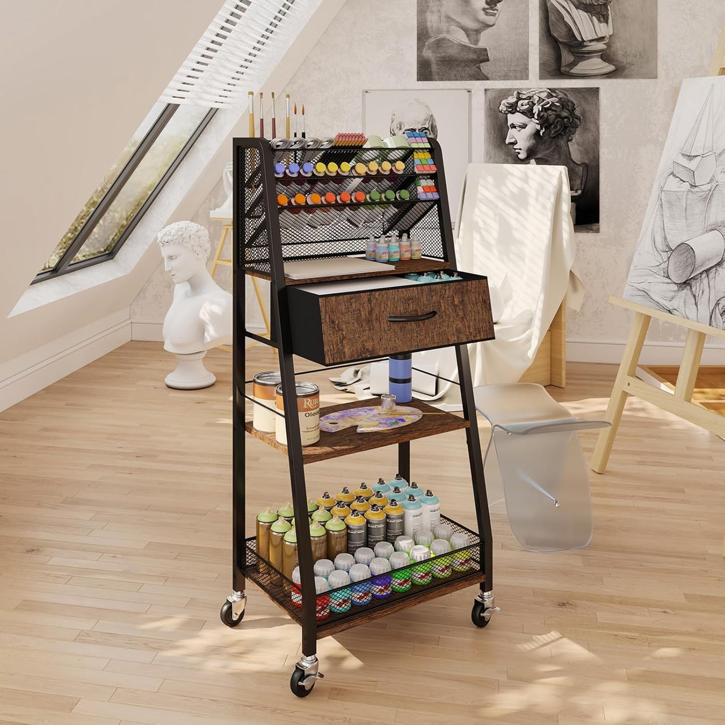 3 Tier Rolling Cart - Metal Utility Cart with Storage Drawer and Wheels, Versatile Art & Craft Organizer for Home, Office, or Studio - Ideal for Storing Brushes, Paints, and Supplies