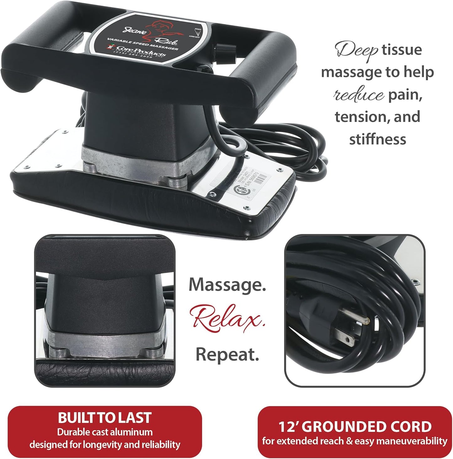 Core Products Jeanie Rub Variable Speed Massager, Deep Tissue Back Massager for Pain Relief, Body Massager for Shoulder Massage, Lumbar, Neck, Lower Back & Cellulite Massage