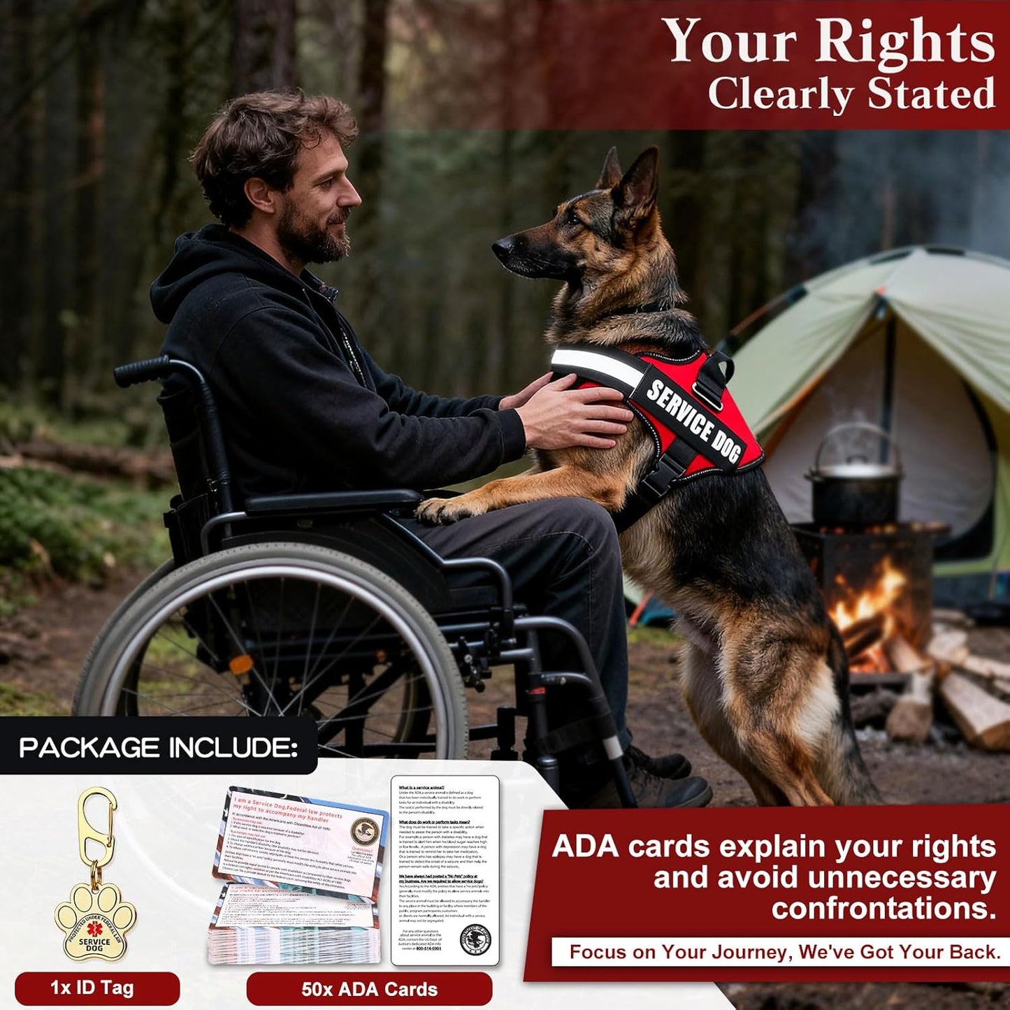Service Dog Vest, ID Tag + 50 ADA Information Cards, Service Dog Harness in Sizes X Small to XX Large, Metal Dog Tag has Ruggedized Clip, 2-Sided Service Animal Cards,ESA Accessory Set Small