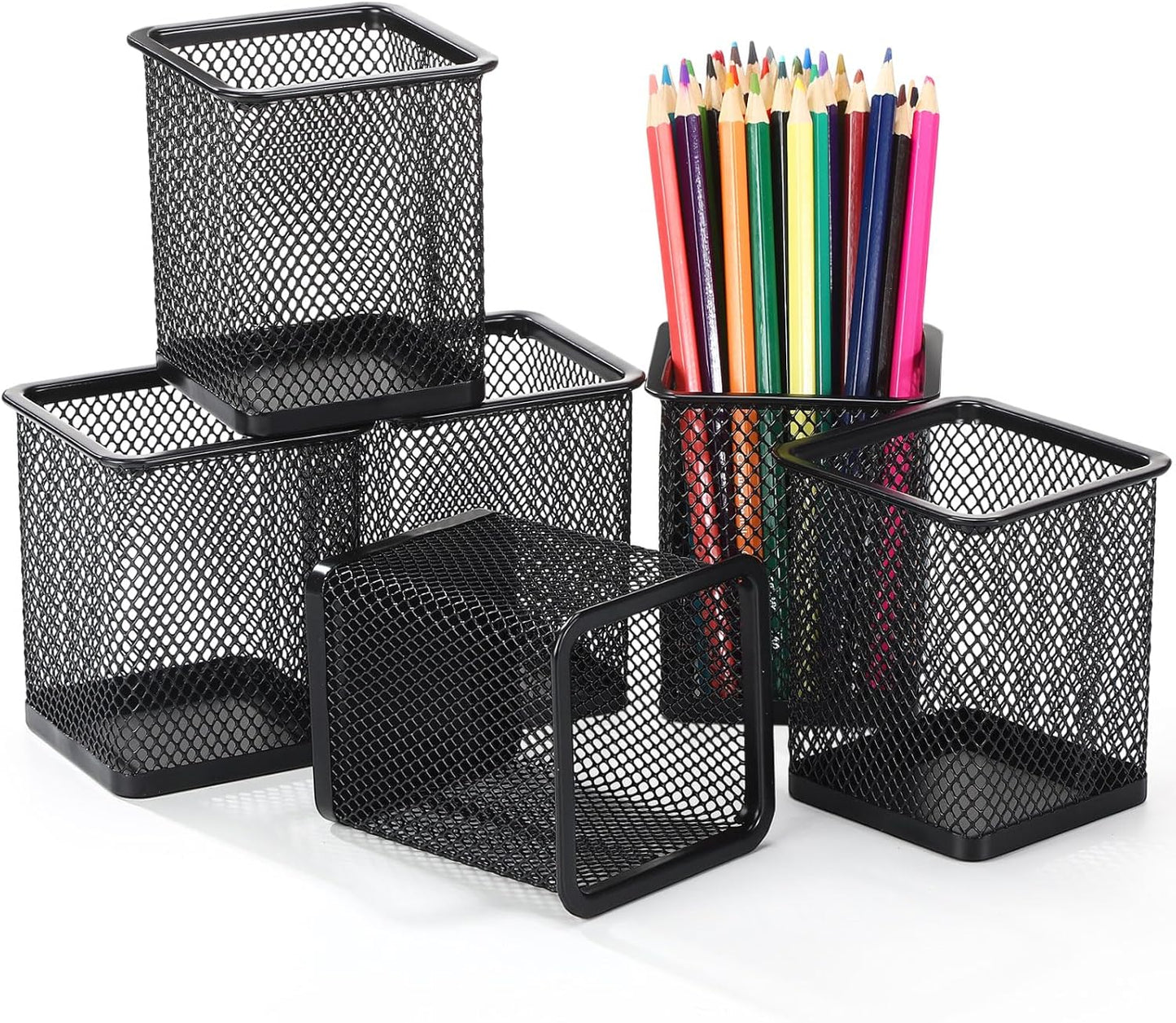 6 Sets Pegboard Cups with Hooks Pegboard Pencil Holder Bin Organizer Black Square Peg Board Accessories Metal Pencil Holder Cup for Home Office Workbench Craft Room Workshop Garage Tool