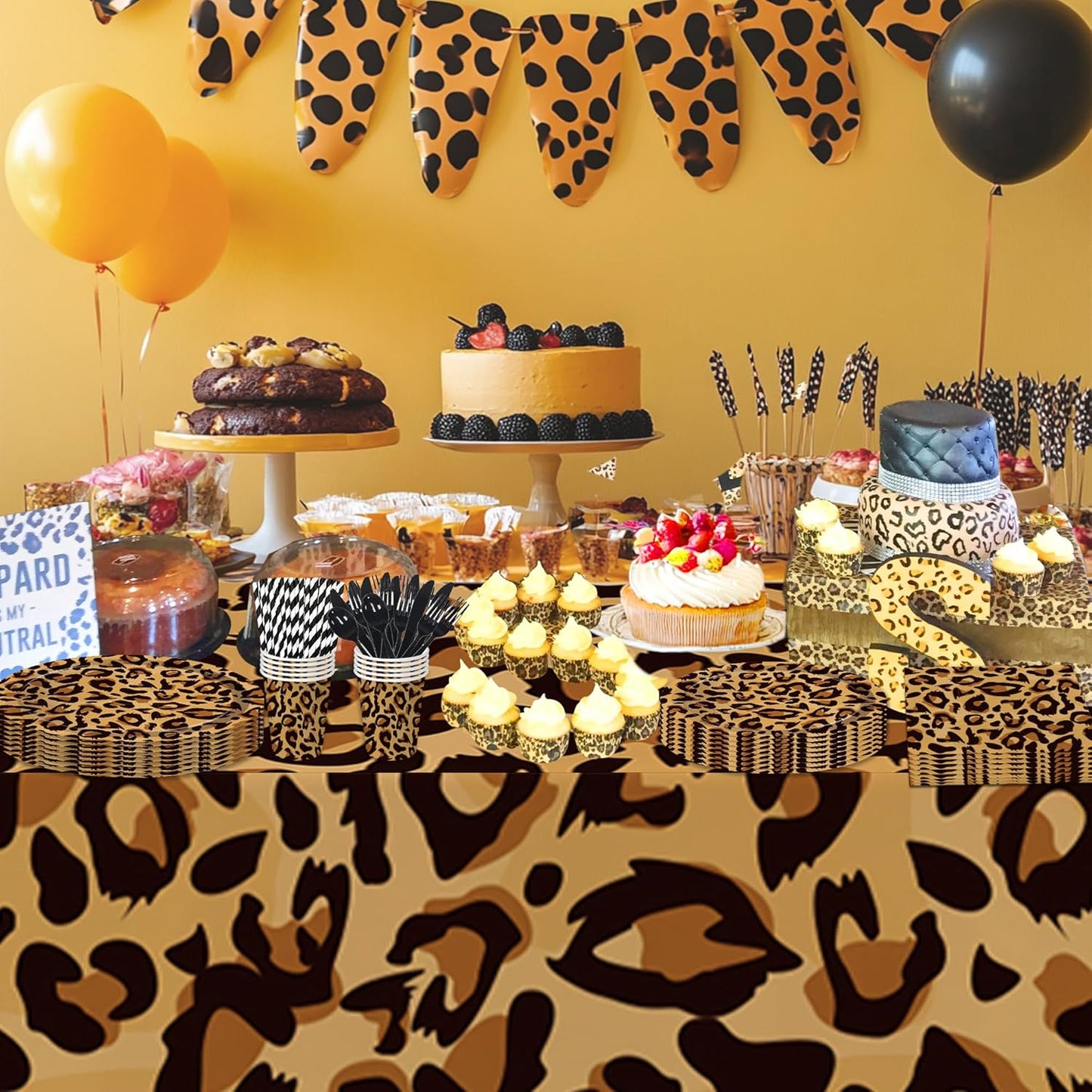 Leopard Print Party Supplies - Cheetah Print Party Decorations Tableware, Plate, Cup, Napkin, Tablecloth, Cutlery, Safari Animal Leopard Theme Birthday Baby Shower Party Supplies | Serve 24