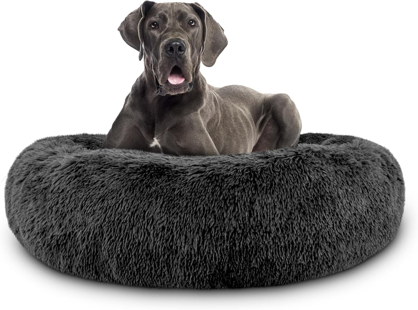 The Dog’s Bed Calming Donut Dog Bed, Plush Faux Fur Round Cuddler Nest, Removable Washable Zip Cover – XXL (54"), Grey
