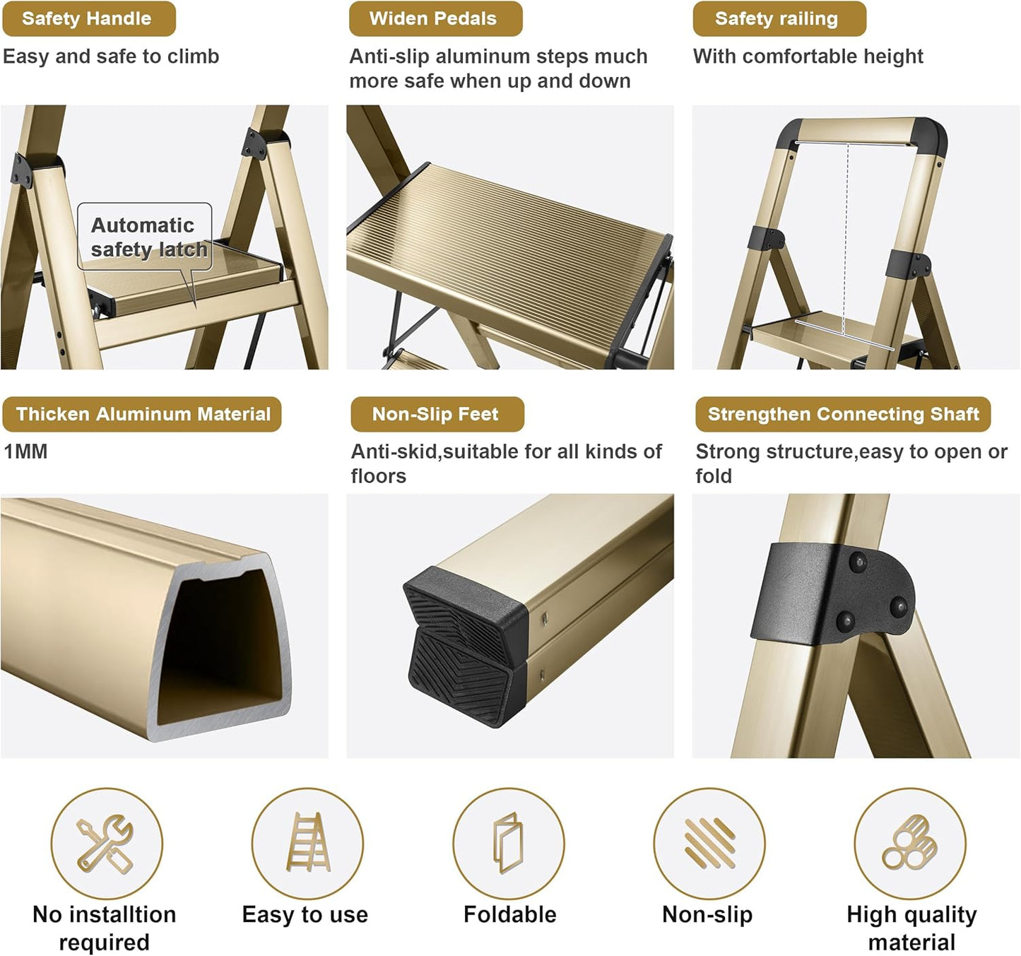 Step Ladder Folding 3-Step Champagne Gold Finish Aluminum Foldable Step Ladders,Anti-Slip for Home & Kitchen Office 330 lbs