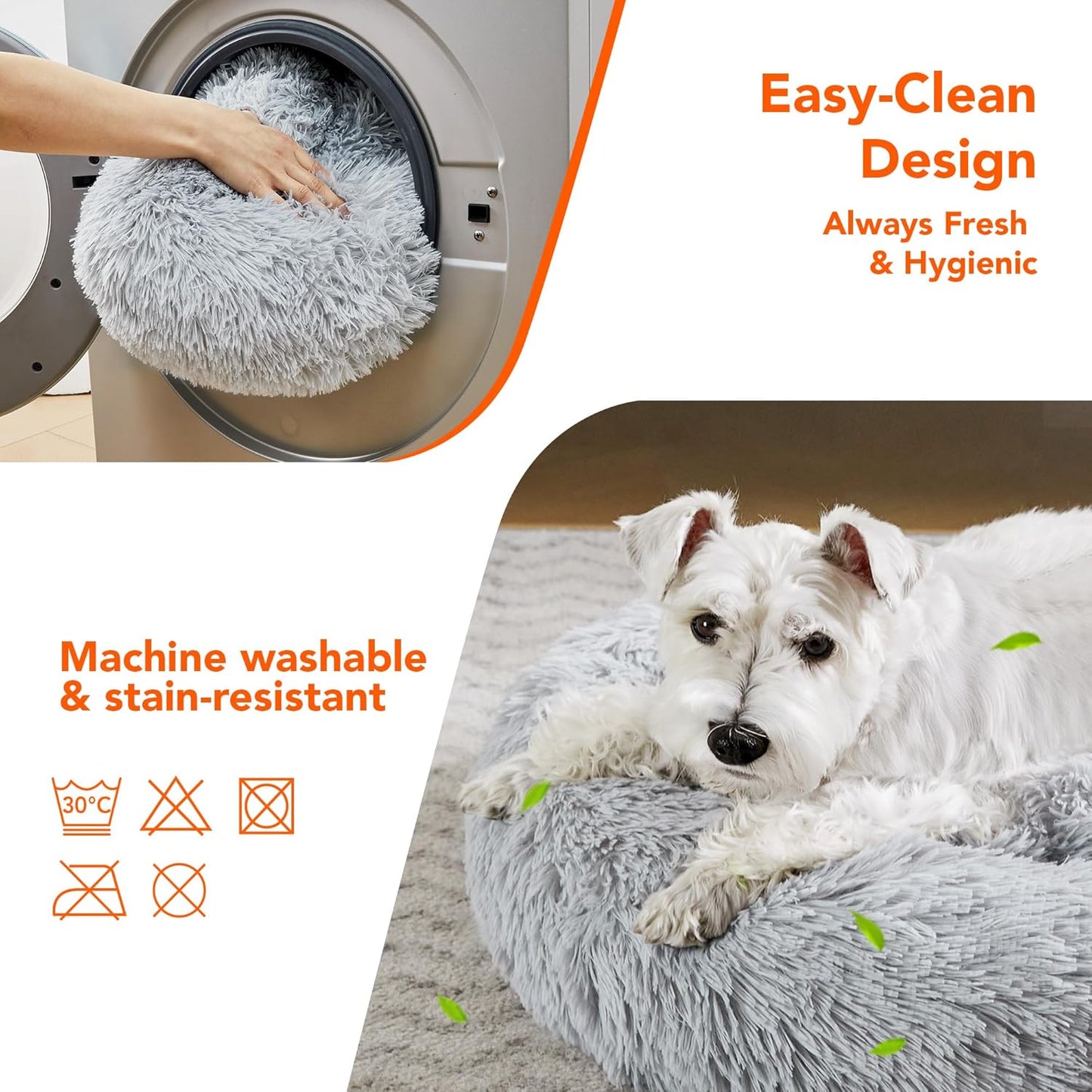 Deconovo Calming Donut Dog Bed, Washable Plush Round Pet Bed for Small Dogs & Cats with Raised Rim, Non-Slip Base and Soft Faux Fur—Lightweight, Easy-Care Design Light Grey 25" L x 25" W x 8" Th