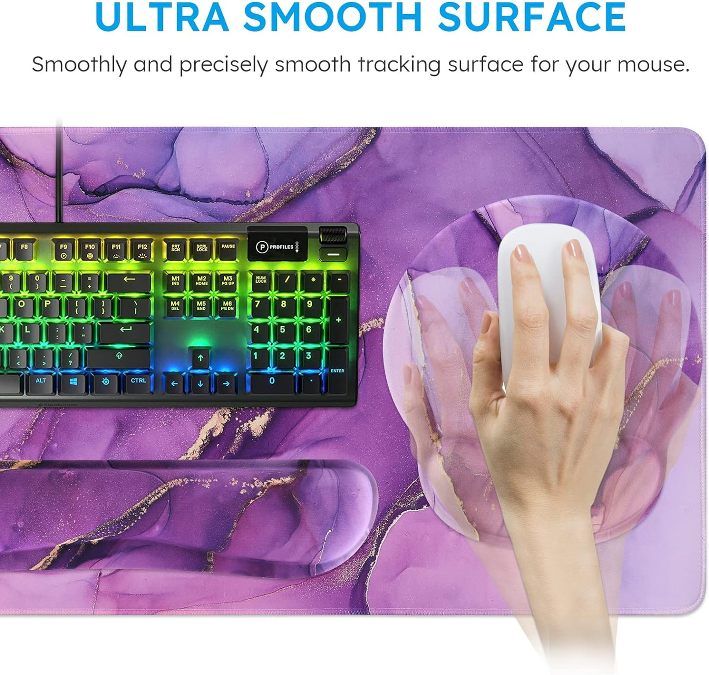 iCasso Purple Ergonomic Large Mouse Pad with Wrist Support, 4in1 XXL Desk Mat Set- Keyboard Wrist Rest + Mouse Wrist Rest + Coaster, Marble Style Desk Pad Mousepad