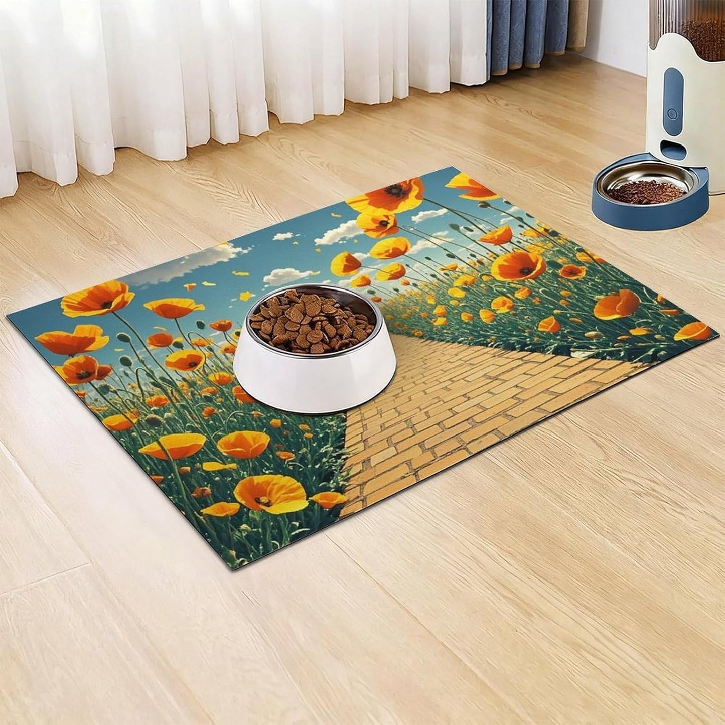 Dog Food Mat Pet Leather Tablecloth Poppies Field Yellow Brick Road Pet Feeding Mat Anti-Slip Dog Bowl Mats Absorbent Pet Placemats for Dogs Protect Floor Dogs Pad for Food and Water