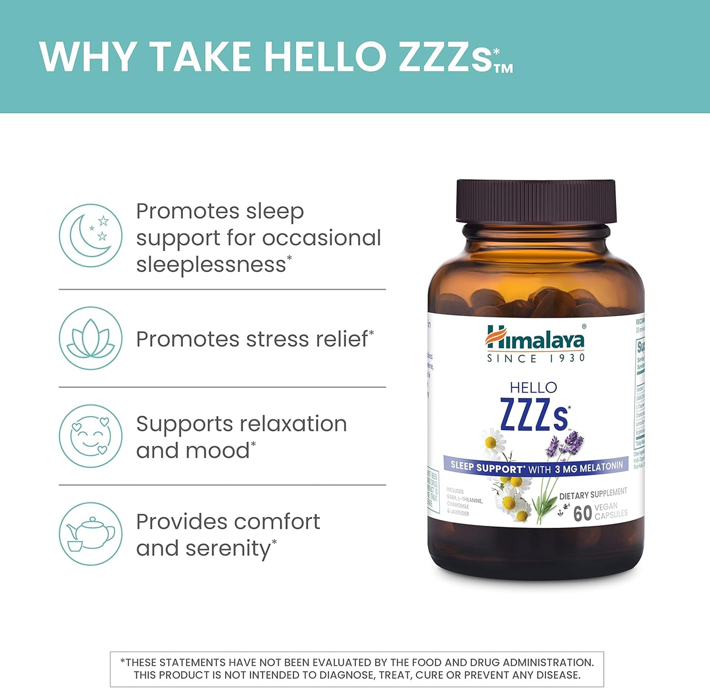 Himalaya Hello ZZZs, 60 Day Supply - Herbal Sleep Supplement with Melatonin, GABA, L-Theanine, Lavender, Chamomile and Lemon Balm - Vegan, Non-GMO, Gluten Free, 60 Capsules