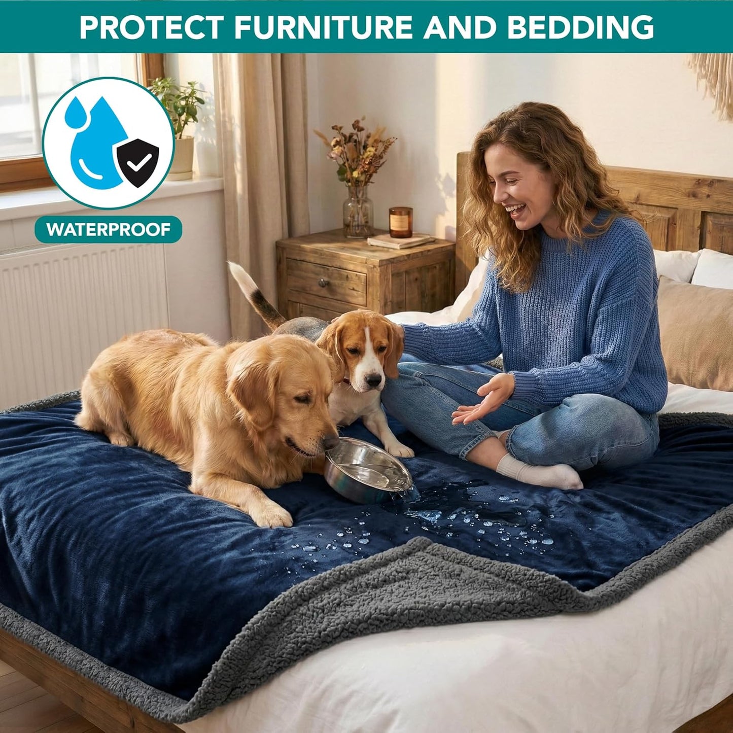PetAmi Waterproof Dog Blanket for Queen Bed Large XL Dog Throw for Couch Cover Leakproof Furniture Protection, Sherpa Fleece, Reversible Soft Washable 90x90 Navy Gray