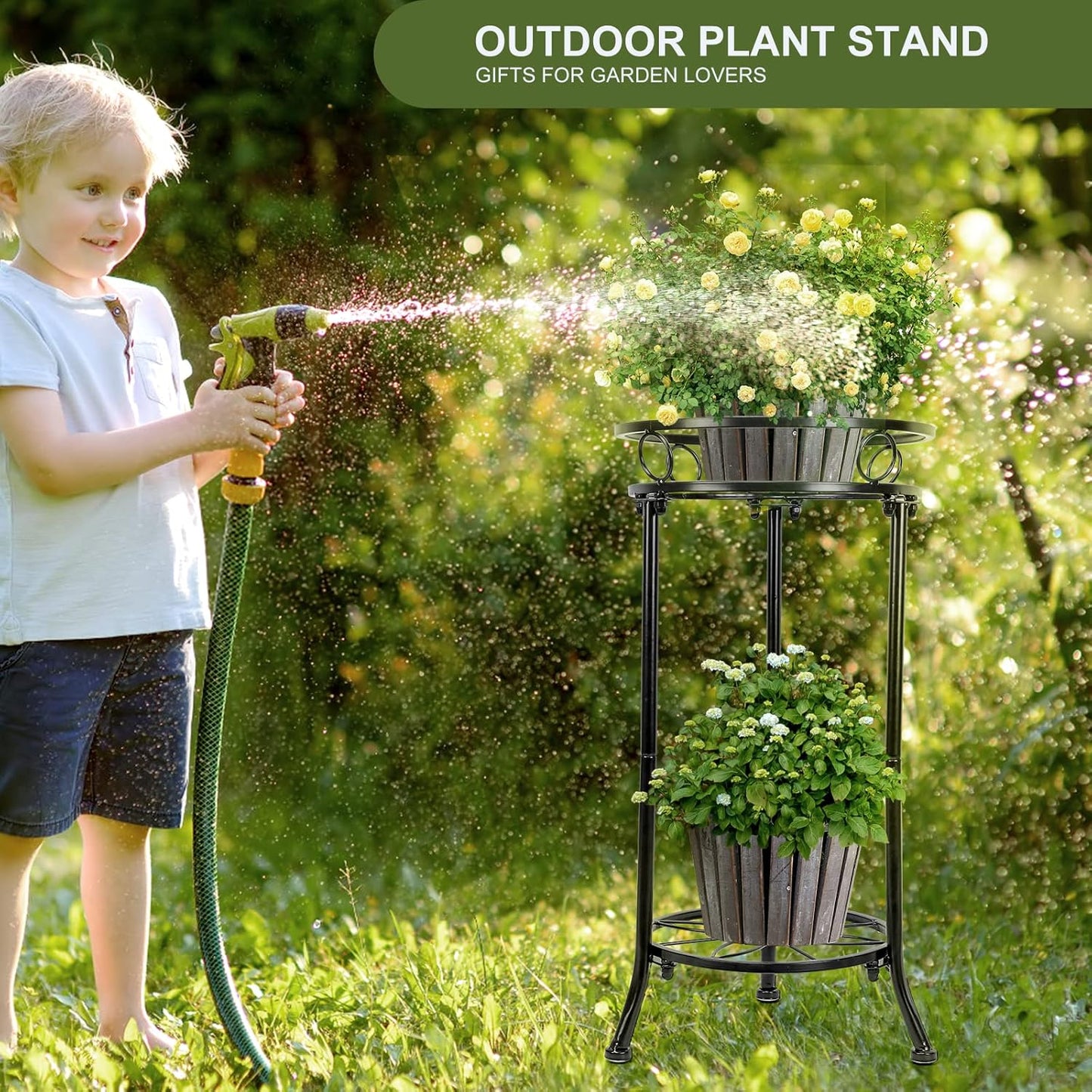 Plant Stand Indoor 2-Tier,20.3 Outdoor Tall Metal Plant Stands Black,Single Corner Heavy Duty Potted Holder Rack Rustproof,Flower Pot Stand for Planter Garden Balcony Patio Office Home
