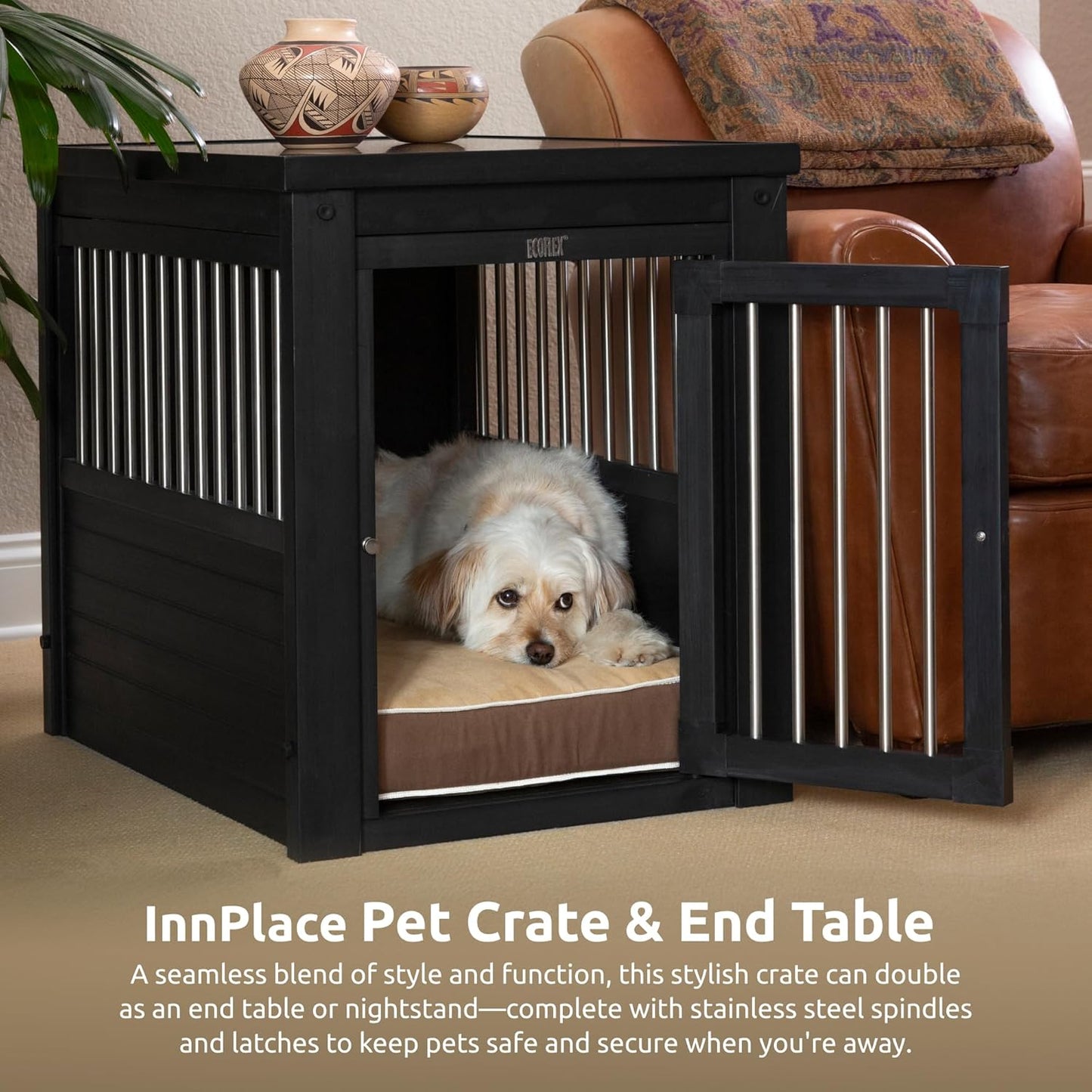 New Age Pet ECOFLEX InnPlace Dog Crate & End Table, Indoor Furniture Style Pet Kennel for Small, Medium, Large & XL Dogs, Durable Composite, Espresso Black, Medium