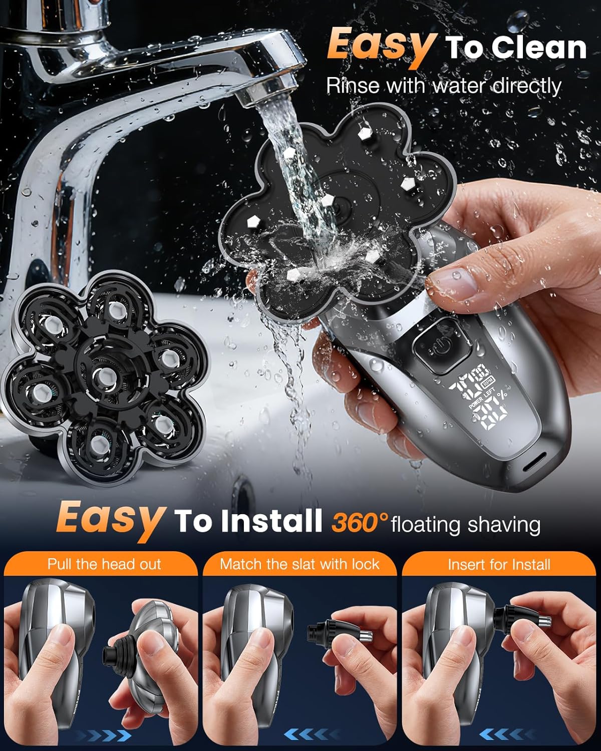 Head Shavers for Bald Men, 5-in-1 Electric Shaver Grooming Kit, 7D Floating IPX7 Waterproof Rechargeable Wet/Dry Razor for Skull Bald Head, Body Hair, with Massager, Gray