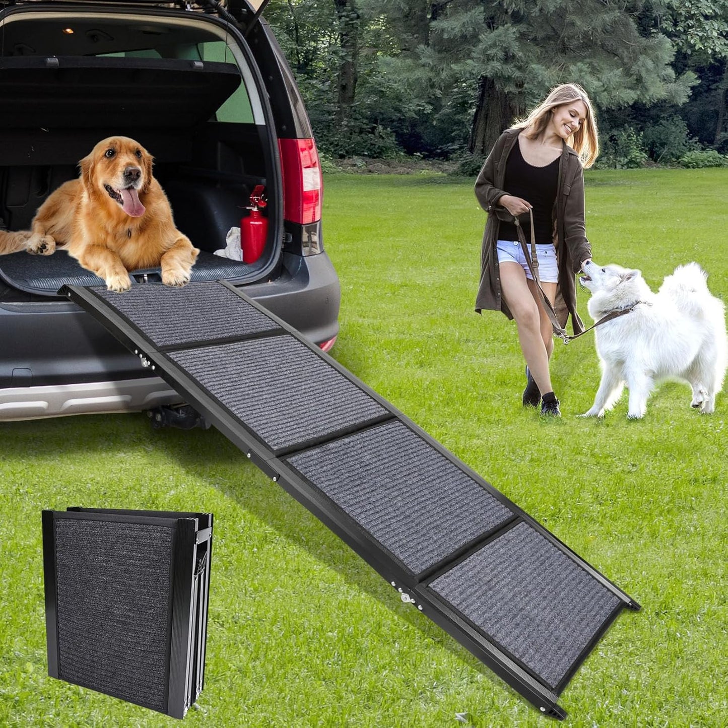 GaliGali Dog Ramp for Car, Portable Folding Pet Stair Ramp with Non-Slip Carpet, 71"Long&19.7"Wide, Wider Dog Stair Allows Medium to Large Dogs Up to 250 lbs to Enter Car SUV and Truck GALILVTI180 50