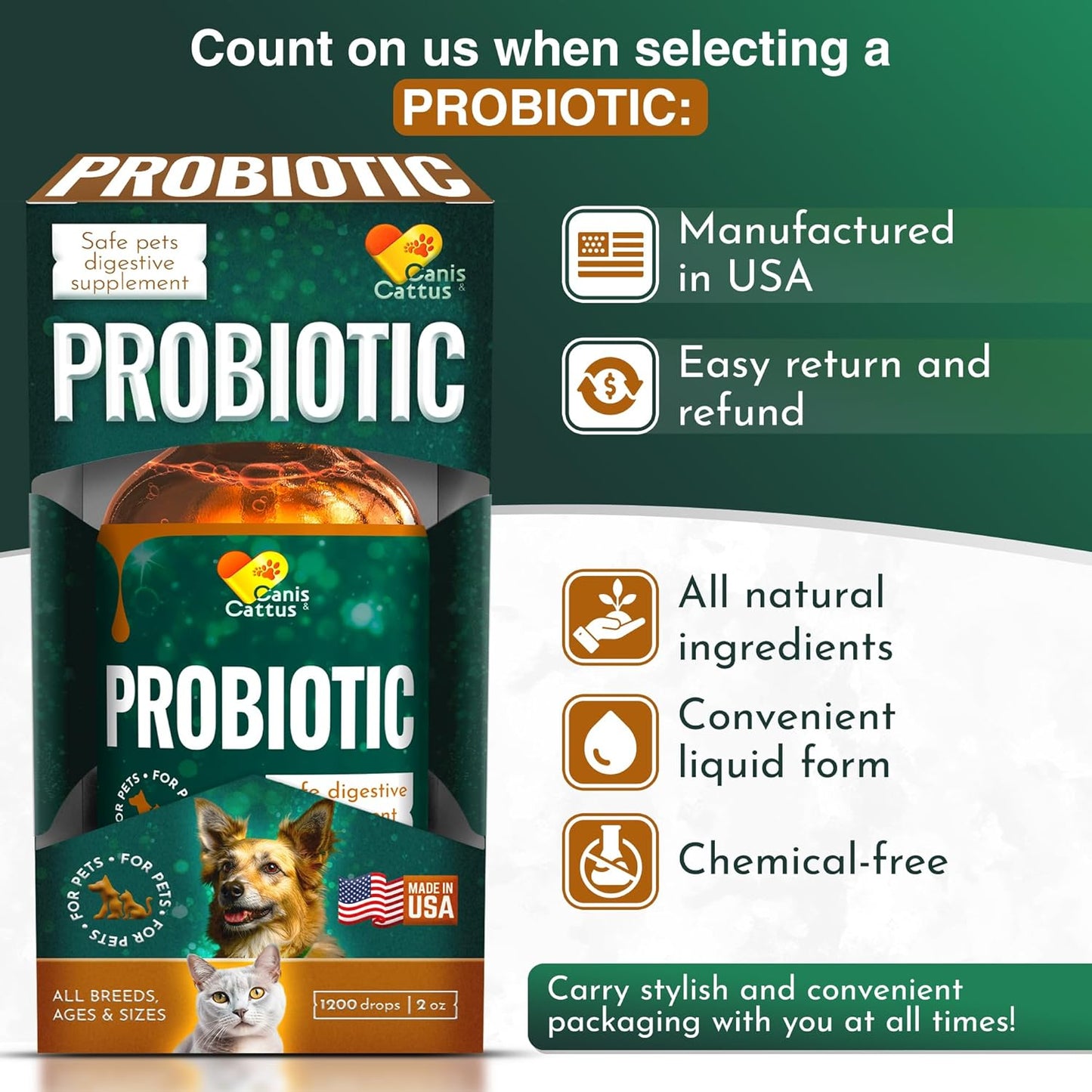 Canis&Cattus Probiotics for Cats – Liquid Cat Probiotics with Digestive Enzymes for Gas, Bloating, Diarrhea & Upset Stomach – Easy-Mix Drops – 2 oz