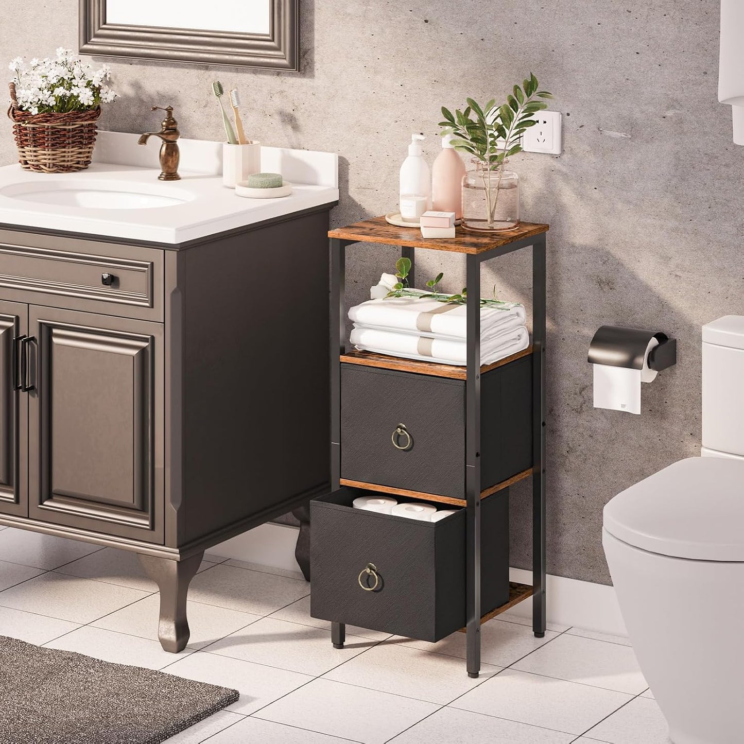 HOOBRO Corner Cabinet, 4-Tier Corner Shelf Stand with 2 Drawers,Bathroom Floor Cabinet, Narrow Storage Cabinet, for Bathroom, Living Room, Rustic Brown and Black BF87CW01