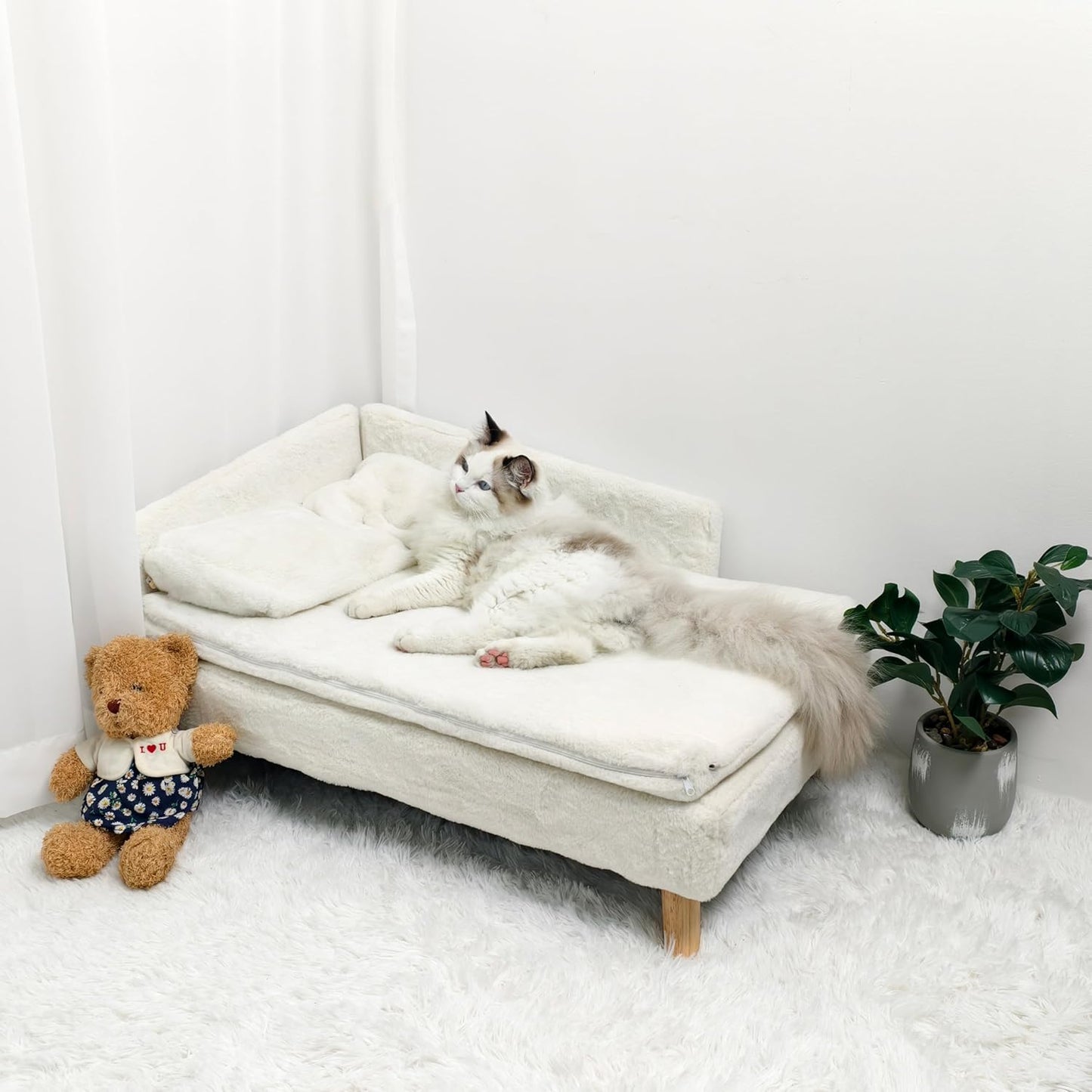 Elevated Dog Bed Couch Sofa: Wooden Dog Chair with Bolster Cushion for Small Dogs Cats Cute Pet Chaise Soft Cushion Washable, 31.7 x 18.9 Inches