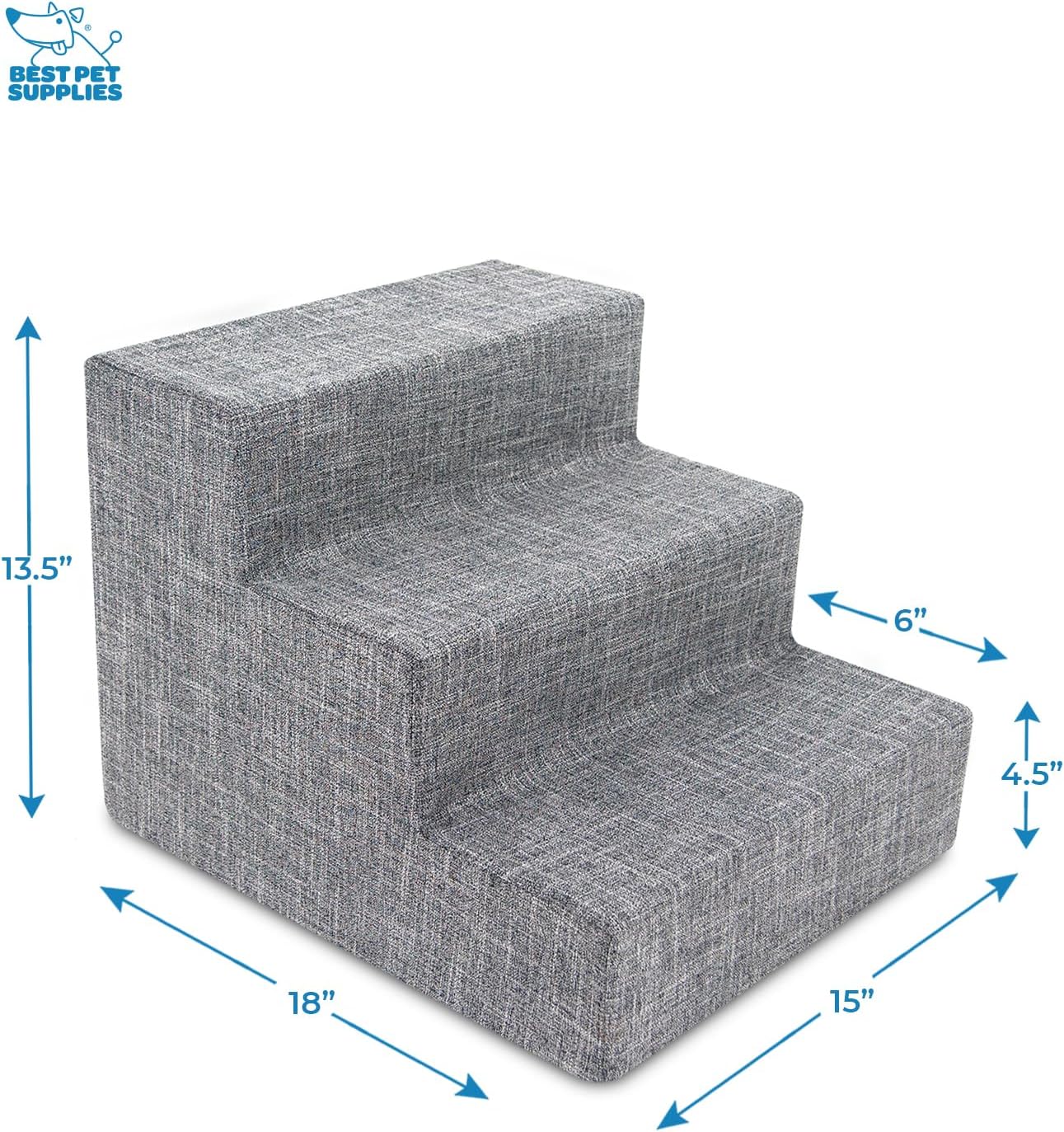Best Pet Supplies Dog Stairs & Steps - Foam Steps for Small Dogs & Cats, Non-Slip Indoor Balanced Pet Step Support, Dog Ramp, No Assembly, Ash Gray Linen, 3-Step (13.5-inch Height)