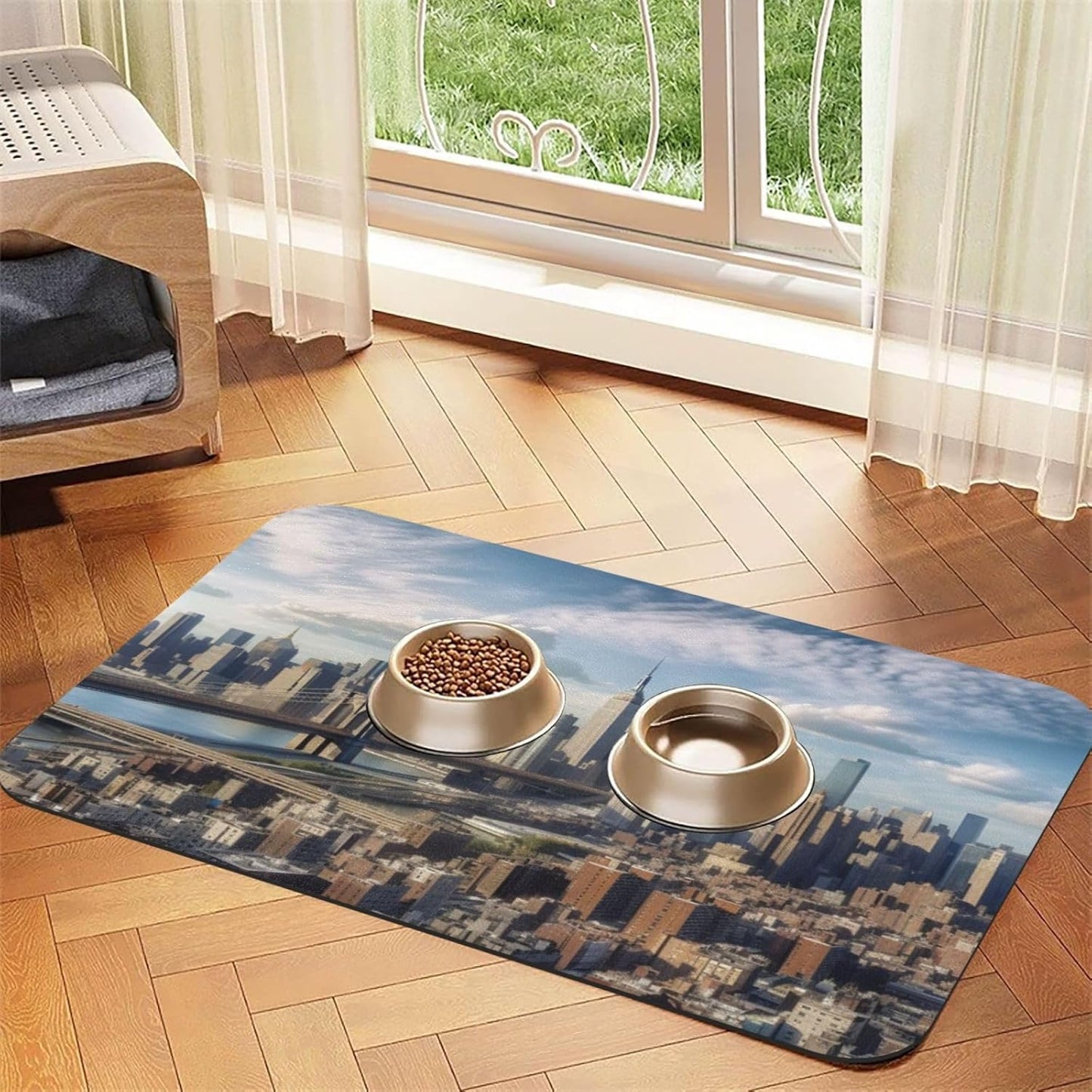 New York City Pet Feeding Mat 40x60cm Absorbent Leather Dog Cat Food Mats Non-Slip Dog Bowl Mats for Food and Water, Quick Dry Pets Placemats for Cats and Dogs Water Bowl