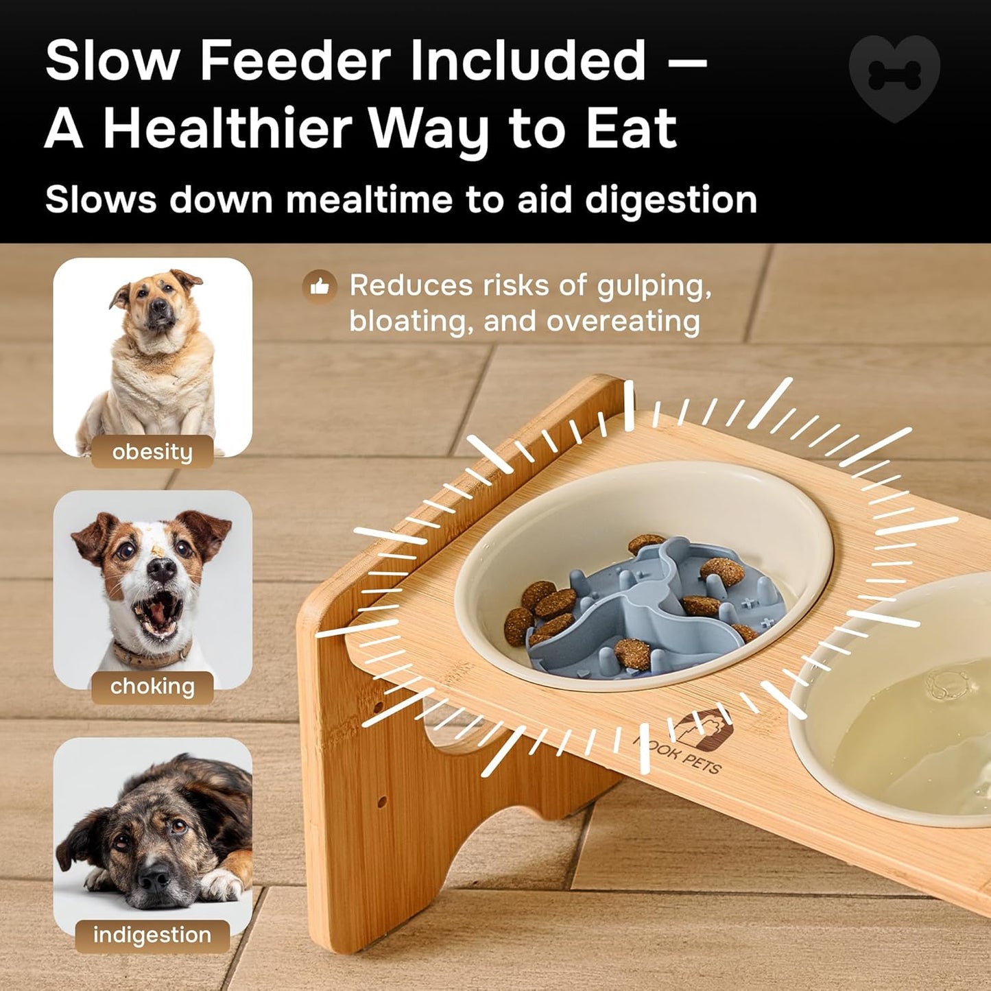 Ceramic Dog Bowls with Stand, Adjustable Elevated Dog Bowls (3 Heights), Bamboo Raised Dog Bowl Stand with 2 Ceramic Bowls (22 oz), 13° Tilt, Non-Slip – for Small & Medium Dogs