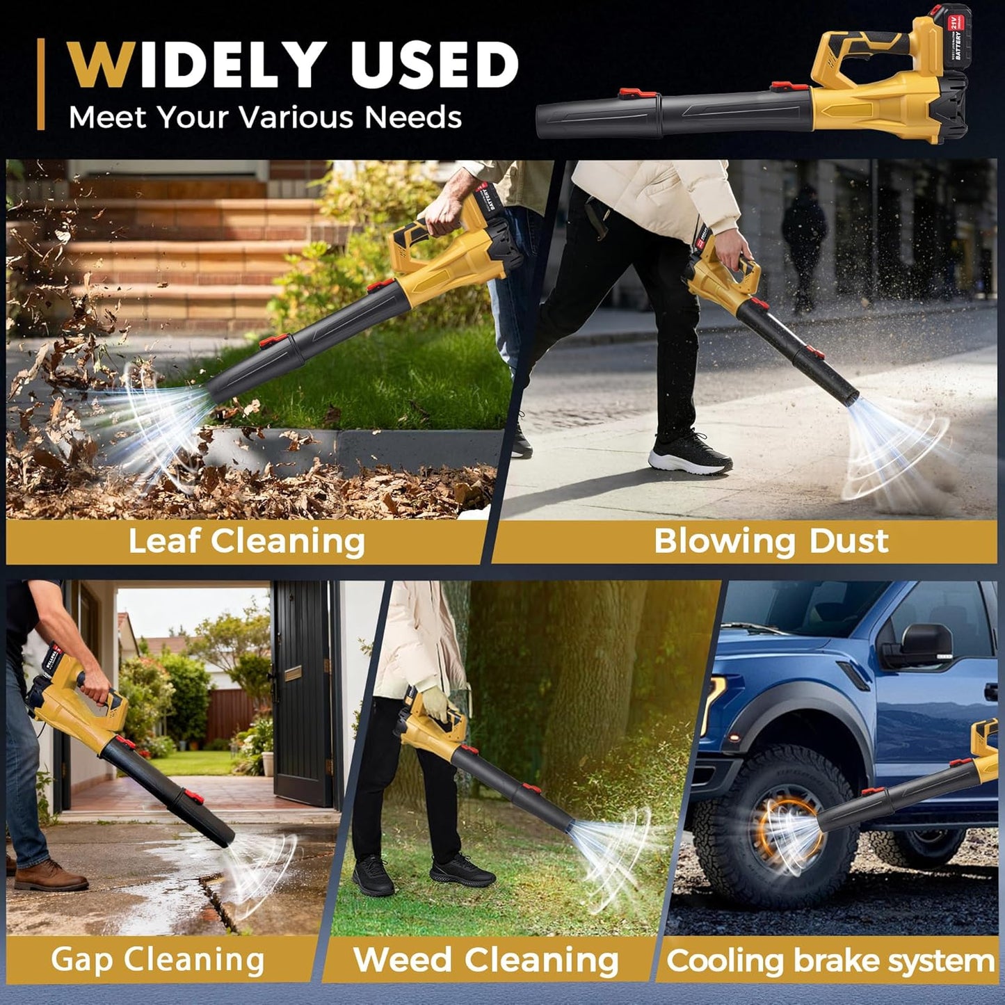 650CFM Cordless Leaf Blower,Electric Leaf Blower with 2.6Ah Battery & Charger,6-Speed Power Handheld Blower for Lawn Care, Grass Clippings, Pine Needles & Driveway, Yellow