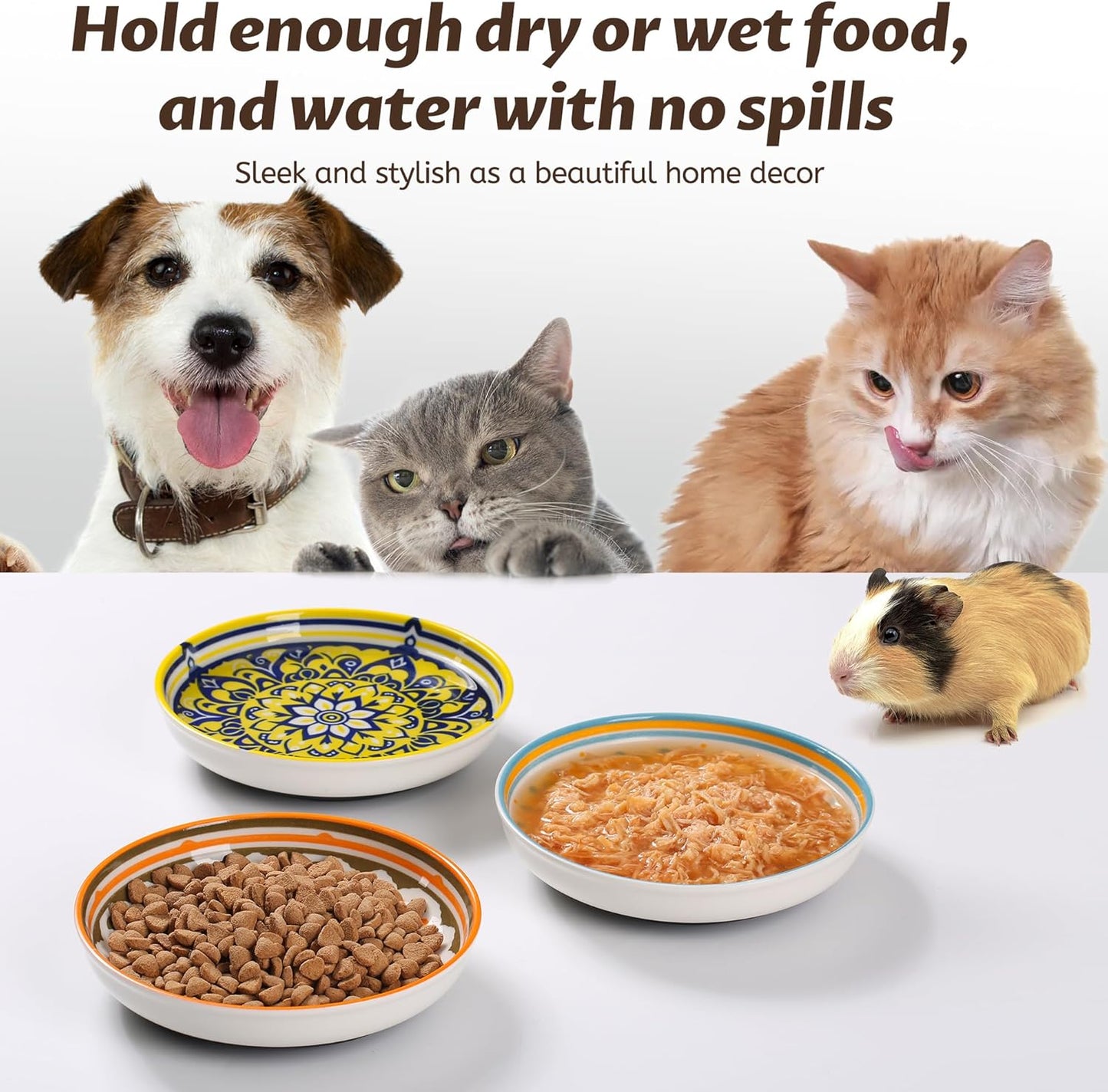 Non-Slip Cat Bowls, Ceramic Cat Food Bowl Set with Silicone Base, Cats Dishes, Cute Plates for Feeding Indoor Cats, Kitten, Small Dogs (Multi, Deeper)