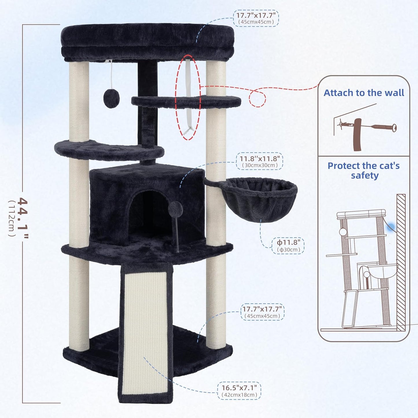 Corner Cat Tree for Indoor Cats, Cat Tower with All Sisal Scratching Posts, Multi-Level Cat Condo wth Cat Cave, Large Top Perch, Hanging Basket, Sisal Scratching Ramp, Drak Gray GCT025G